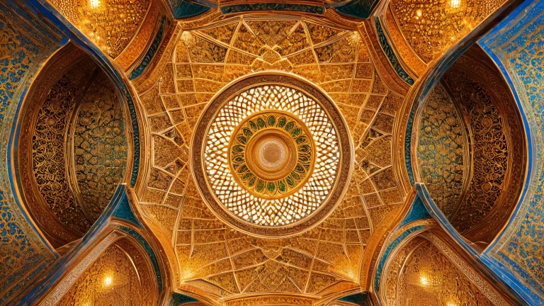 Breathtaking desktop wallpaper featuring a majestic Islamic-inspired ceiling with golden tiles and intricate stucco work, ideal for PC or Desktop display.