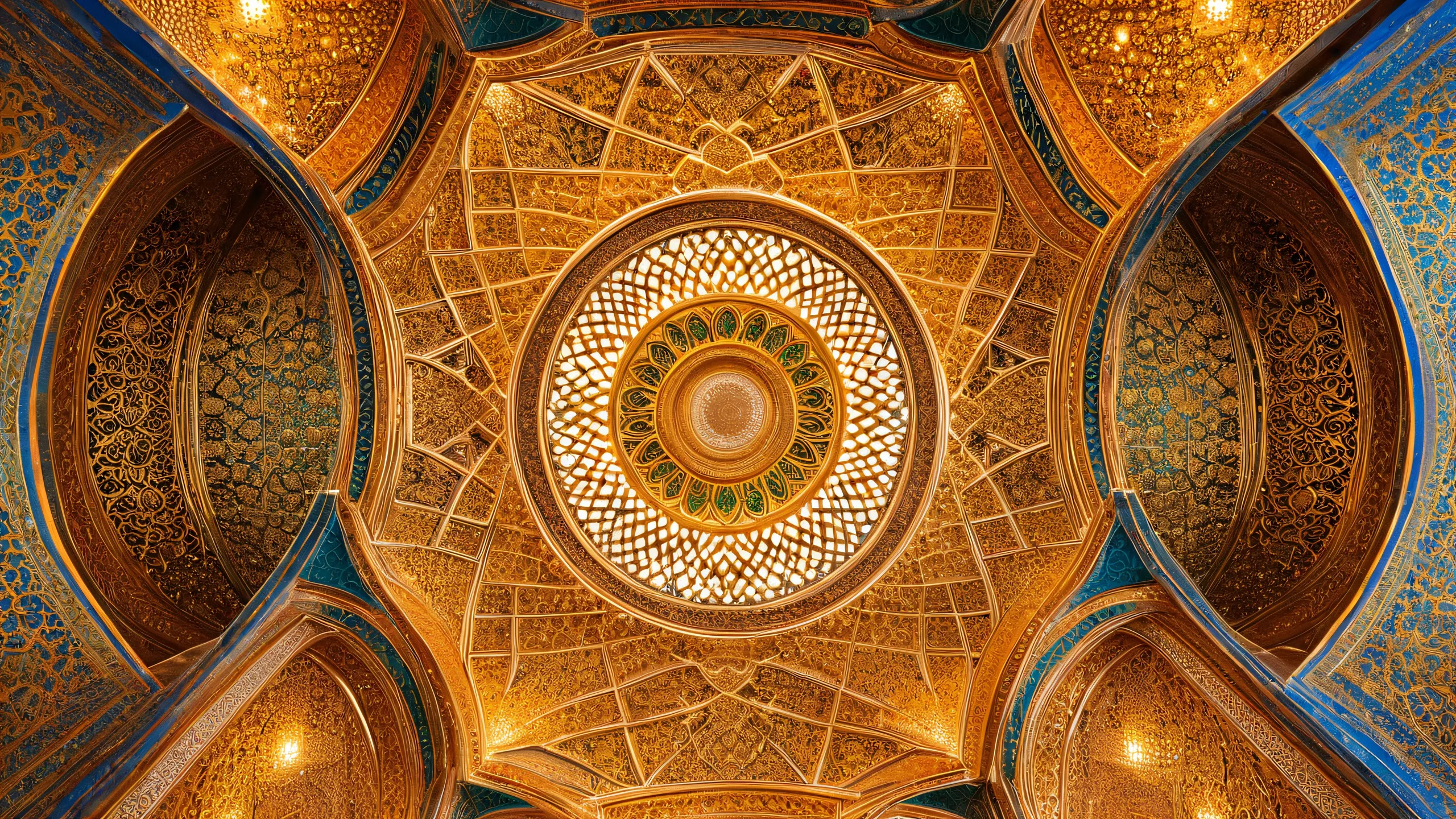 Ultra HD Mughal Grandeur Ceiling Wallpaper Breathtaking desktop wallpaper featuring a majestic Islamic-inspired ceiling with golden tiles and intricate stucco work, ideal for PC or Desktop display.
