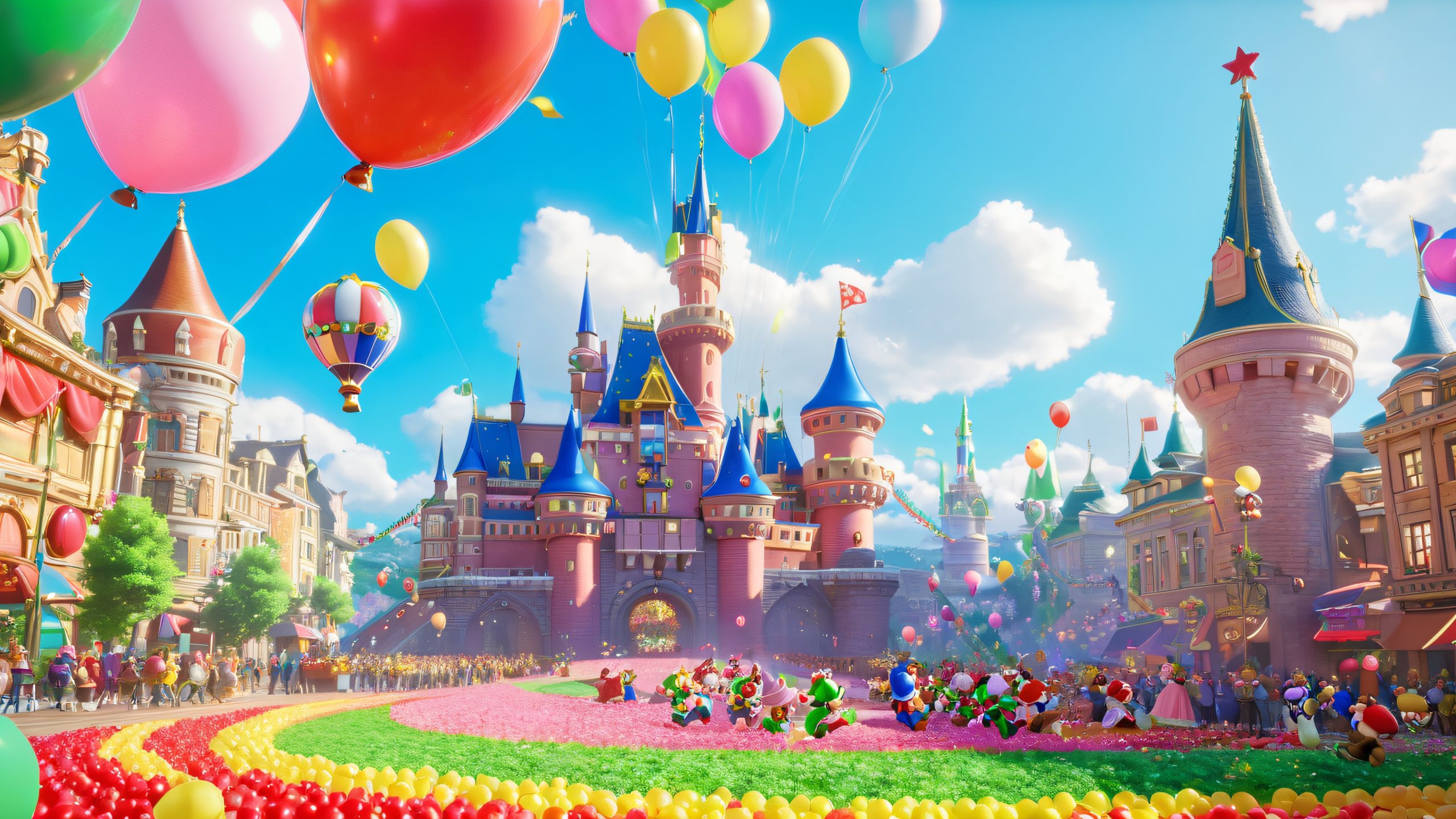 Aesthetic Mushroom Kingdom Celebration Background A jubilant celebration scene featuring Mario, Luigi, Princess Peach, and Toad surrounded by confetti and decorations on a desktop or PC.