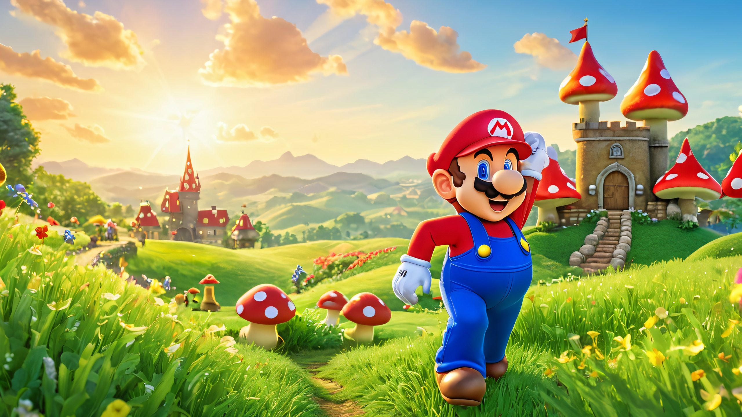 Iconic plumber Mario stands triumphantly in a lush Mushroom Kingdom, surrounded by Toad houses and greenery, for desktop/PC use.