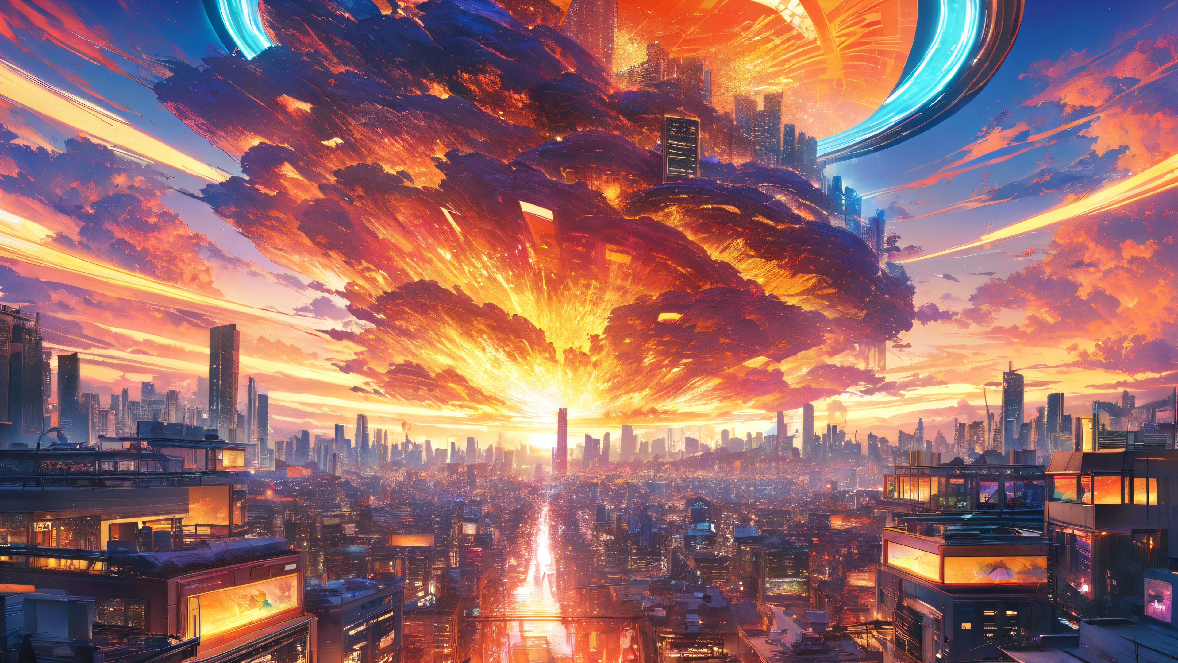 Head writer Mutou Shougo from Yoroi Shinden Samurai Troopers standing in front of a futuristic cityscape at dusk, surrounded by creative materials and neon lights.