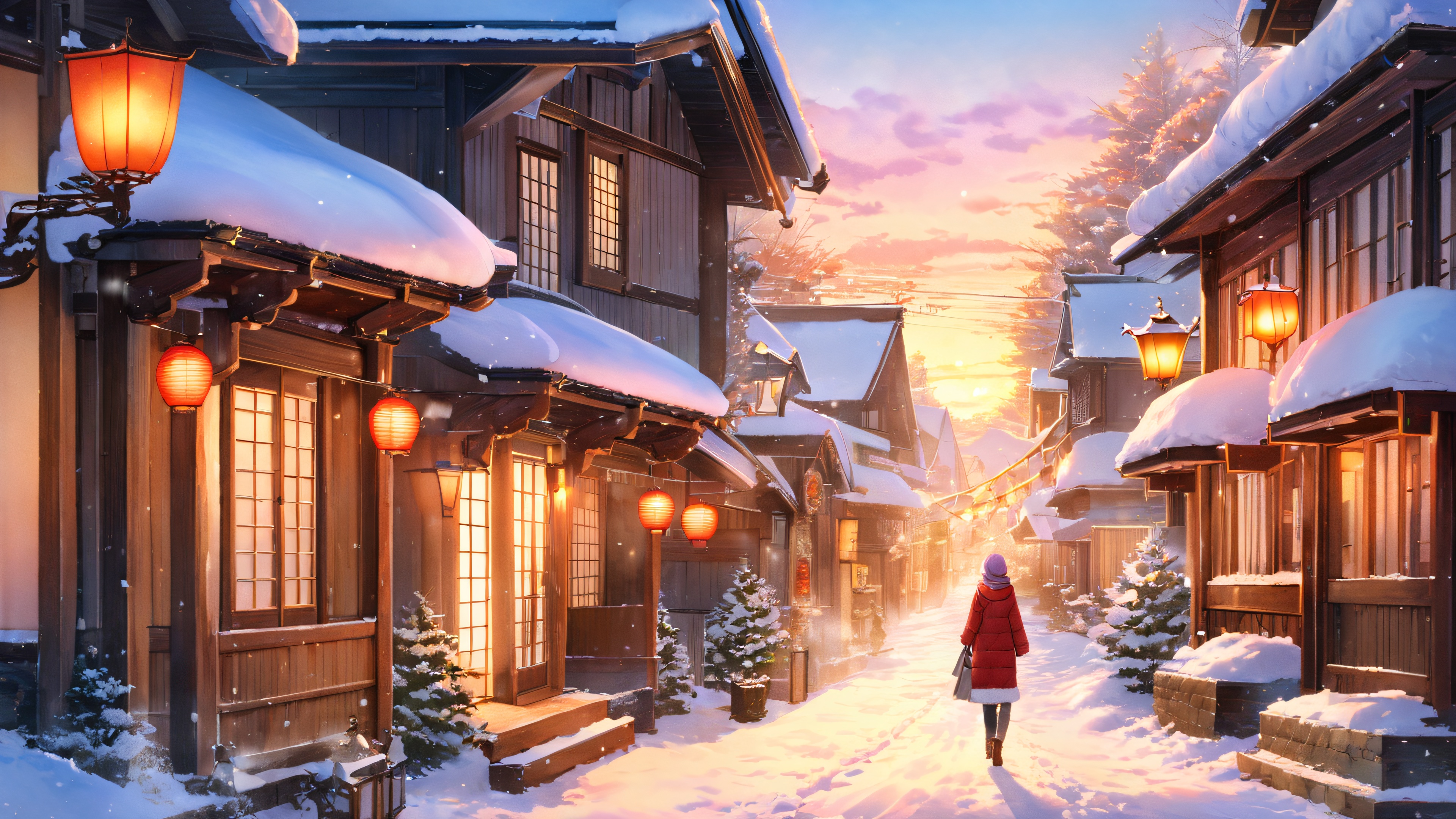 Two best friends walking hand-in-hand in a snow-covered Japanese town, with wooden houses and lanterns aglow against a serene winter landscape.