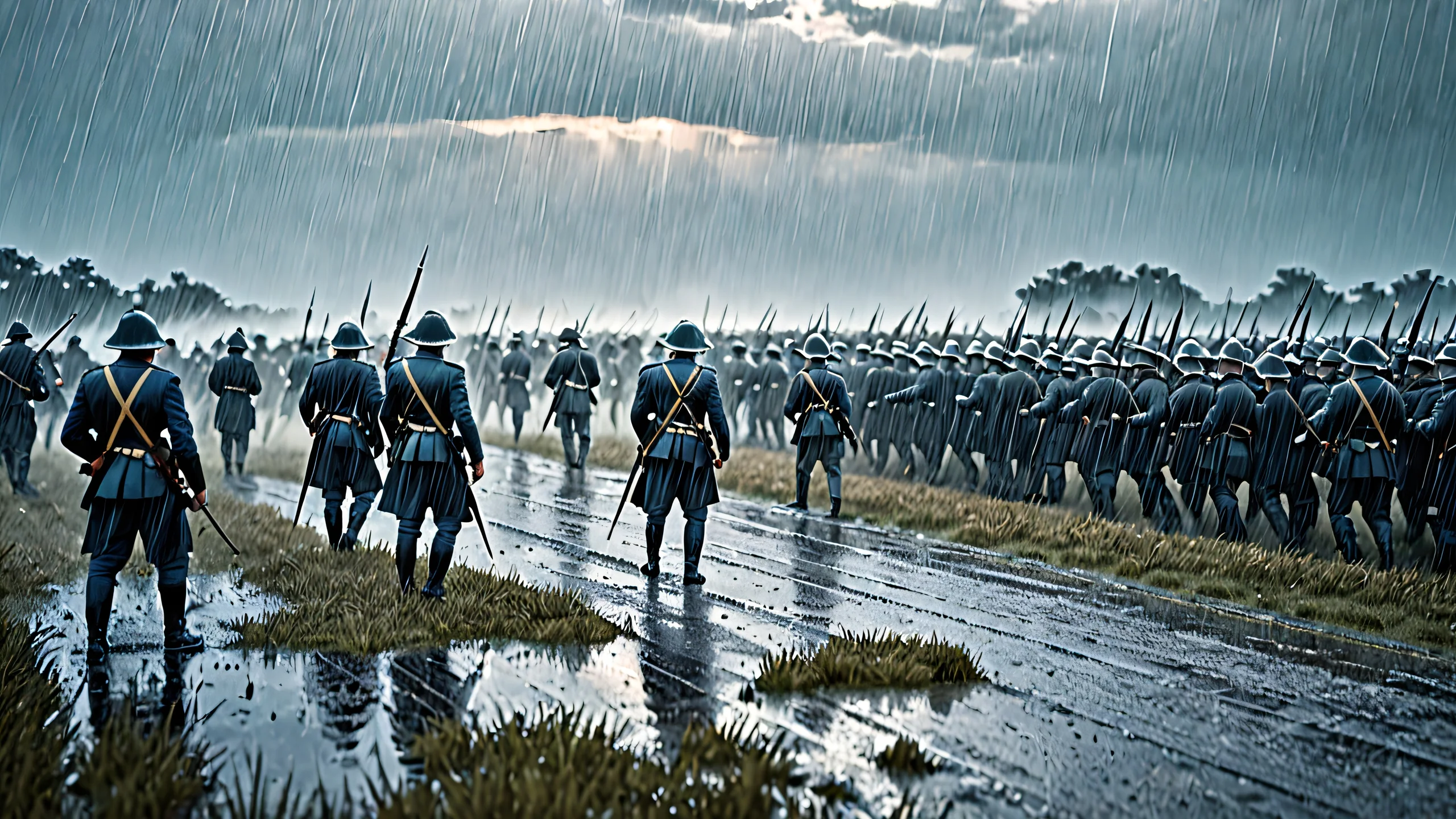 Mysterious Battlefield Nightfall 4K UHD Wallpaper A dark and moody battlefield scene at night, with rain pouring down, creating a sense of mystery and intrigue.