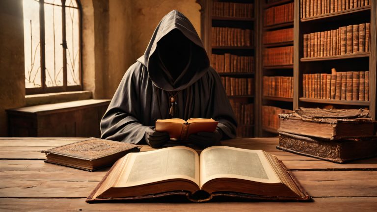 mysterious figure decaying library 4k wallpaper scaled