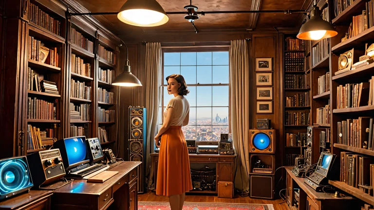 Ava stands amidst a cluttered apartment filled with vintage electronics and the Transopticator device on a desktop/pc.