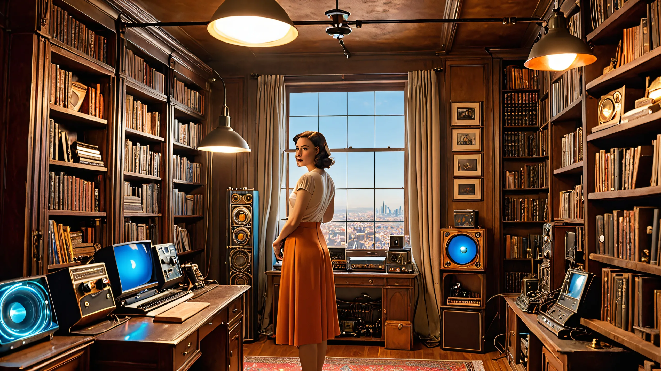 Ava stands amidst a cluttered apartment filled with vintage electronics and the Transopticator device on a desktop/pc.