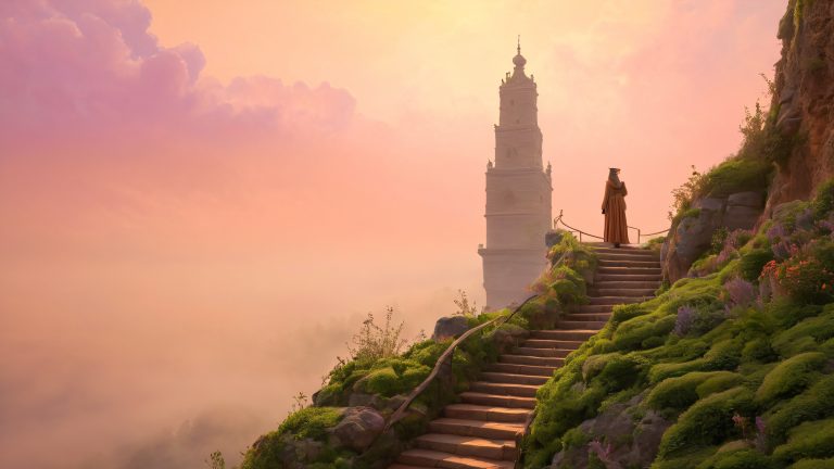 mysterious staircase tower wallpaper 4k fantasy desktop scaled