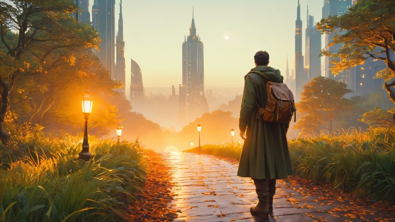 mysterious wanderer cityscape quest wallpaper scaled