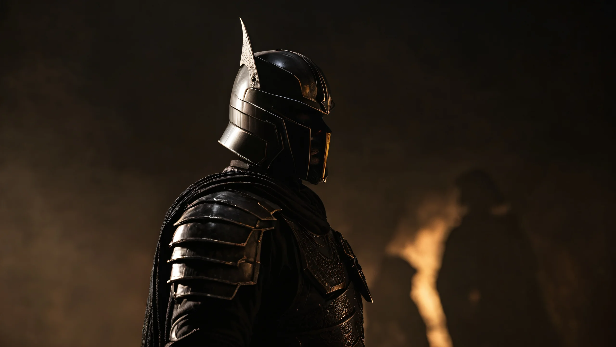 4K Mysterious Warrior Silhouette Wallpaper for PC/Mac A dark fantasy warrior's silhouette with intricate details and textures, set against a minimalist OLED background.