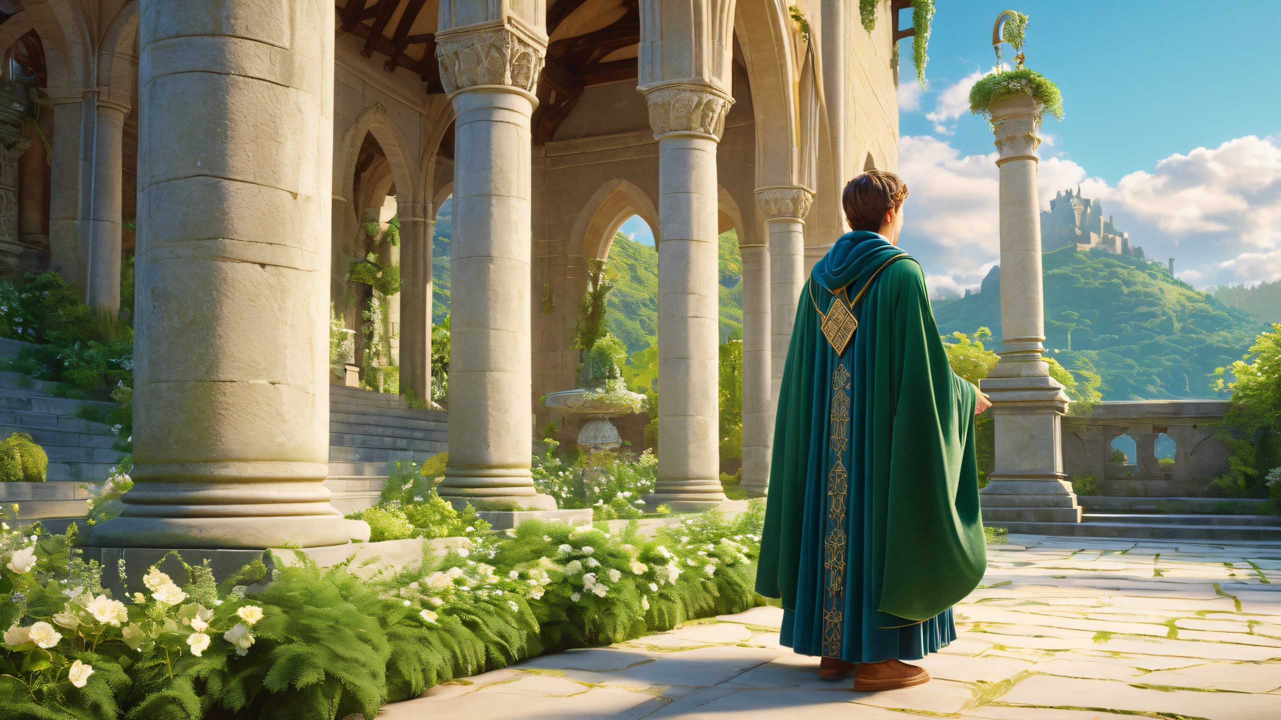 A young wizard in a grand courtyard surrounded by ancient architecture and lush greenery.
