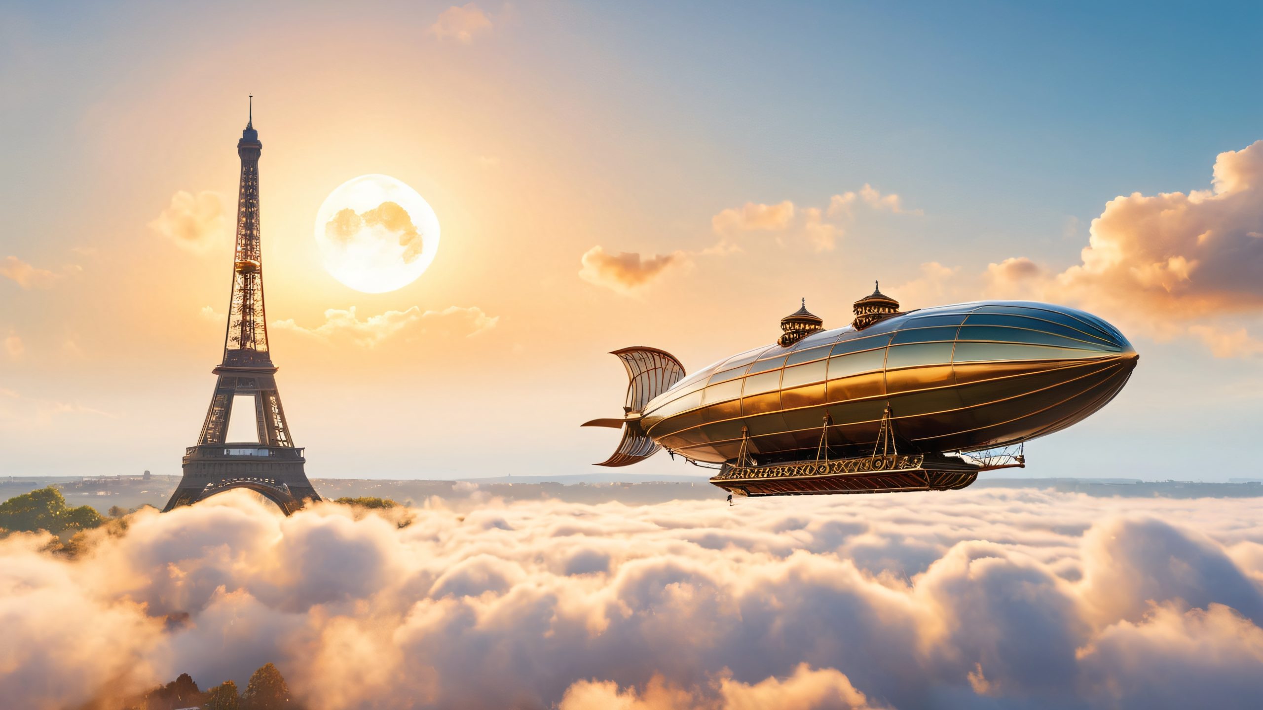 Vintage airship floating above clouds, surrounded by contrails and envelopes, with Eiffel Tower in distance. Dreamlike cityscape with Gothic spires and Art Nouveau architecture. Deep, foreboding sky with clouds. For Desktop/PC use.