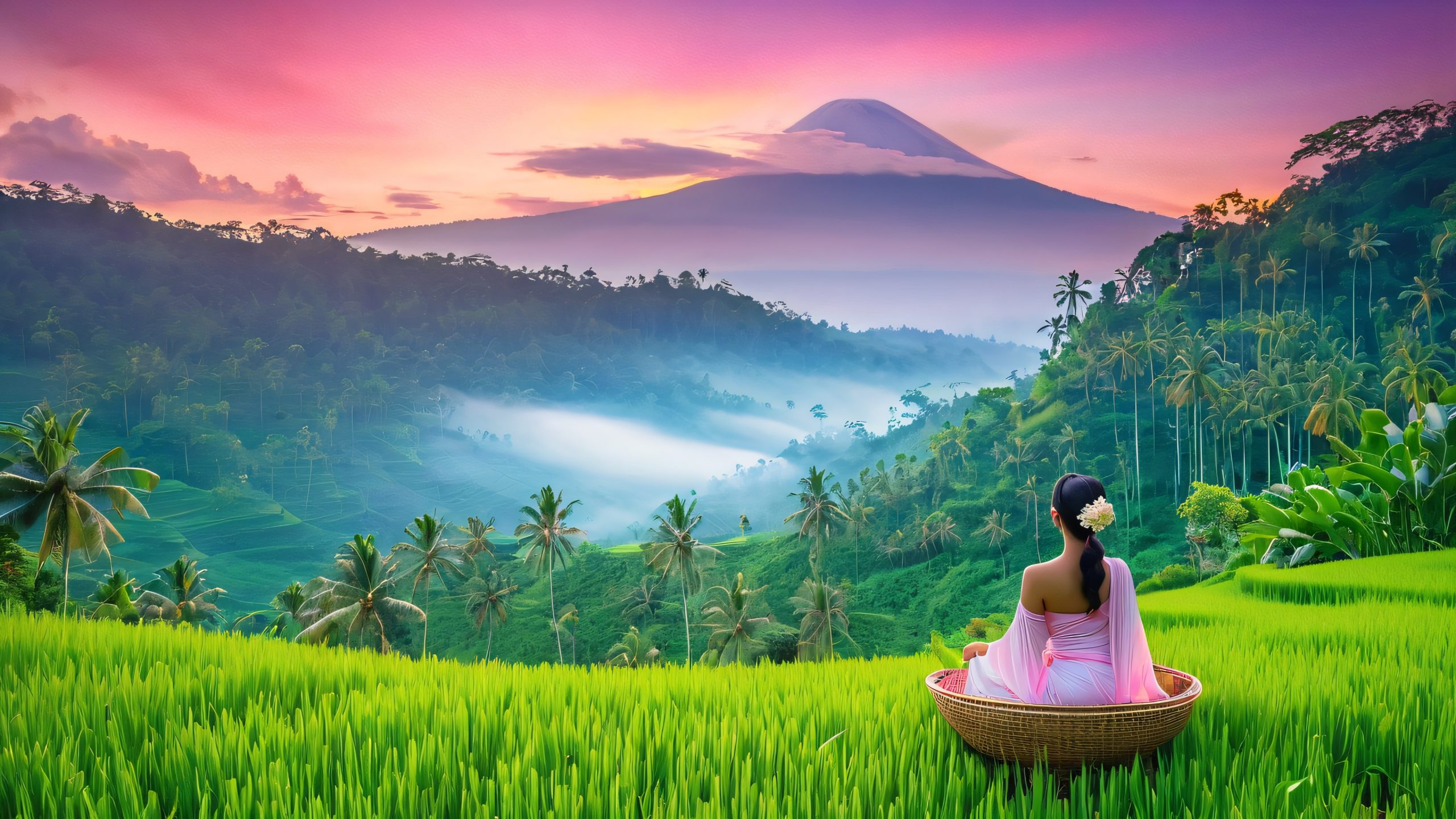 A mystical woman stands at the edge of a lush jungle landscape, gazing out at a breathtaking aurora borealis display.