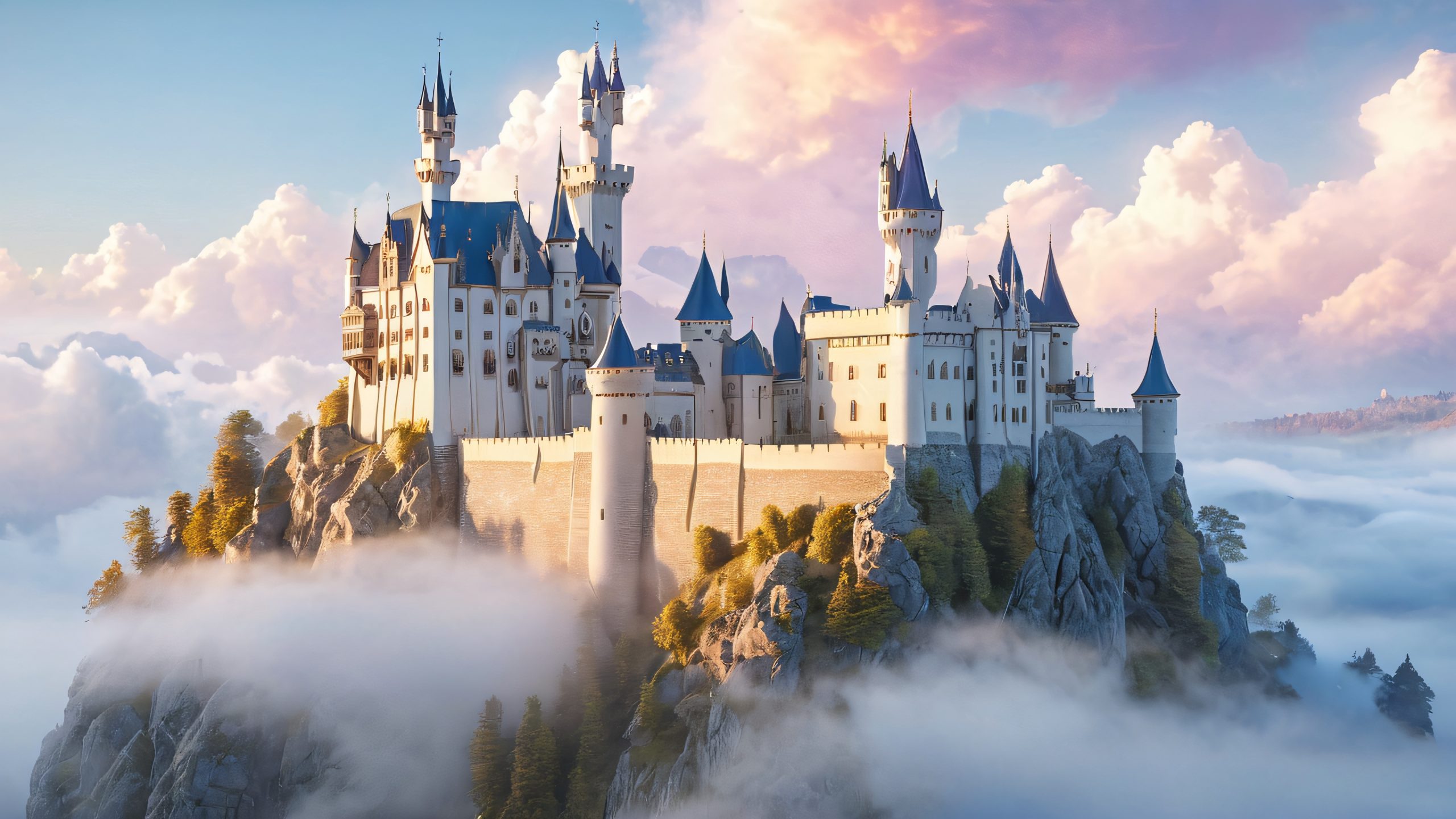 A majestic castle rises from a sea of misty clouds, perfect for desktop/PC use