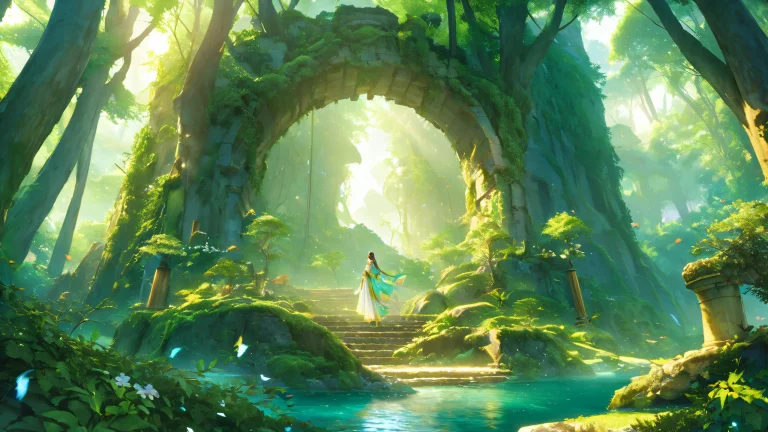 Desktop/PC wallpaper featuring Eira standing at ancient stone portal in mystical forest with cherry blossoms, amidst crumbling ruins and vines.