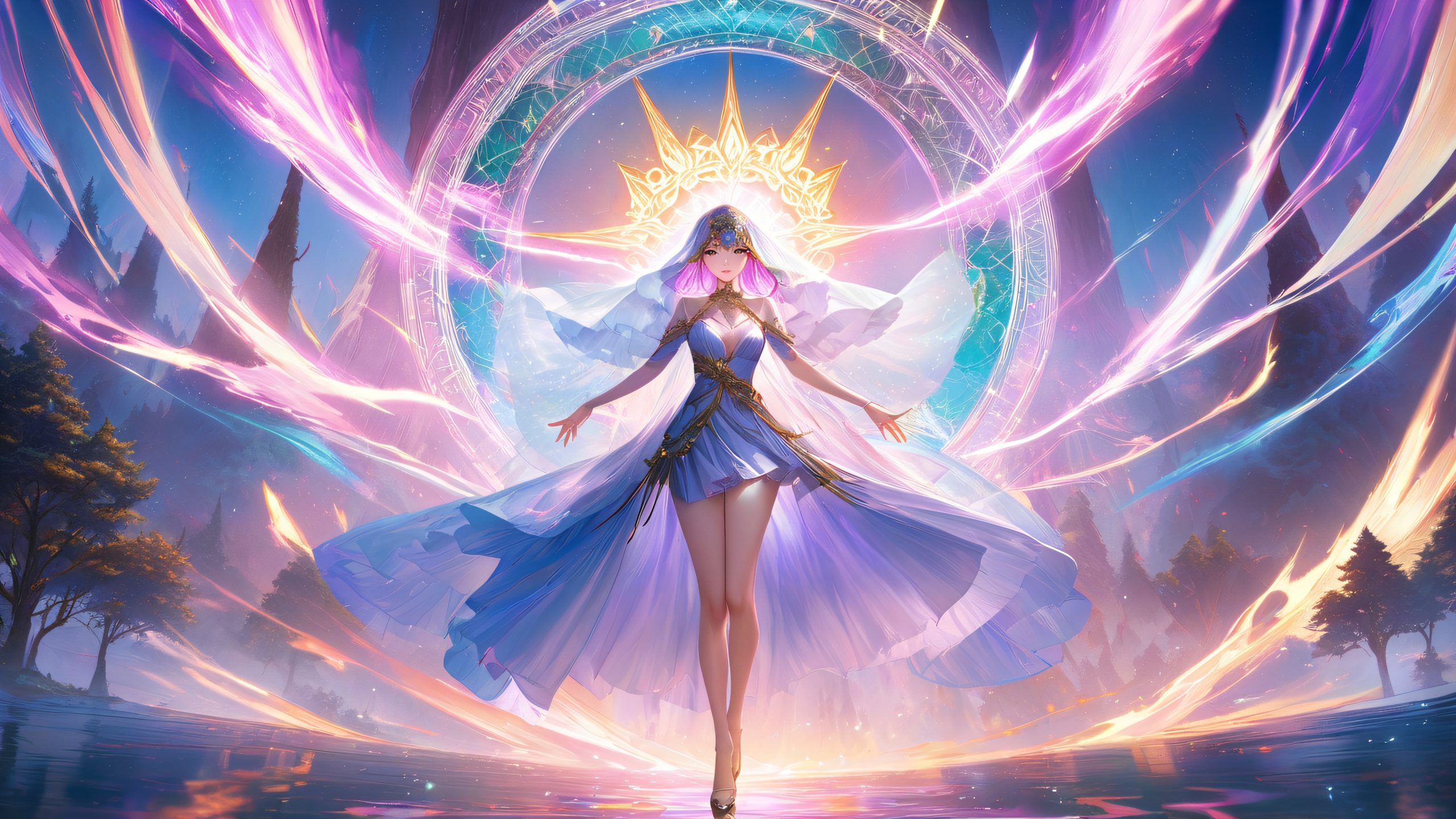 Anime-inspired magic circle with swirling mystical energy, pulsing patterns, and celestial light
