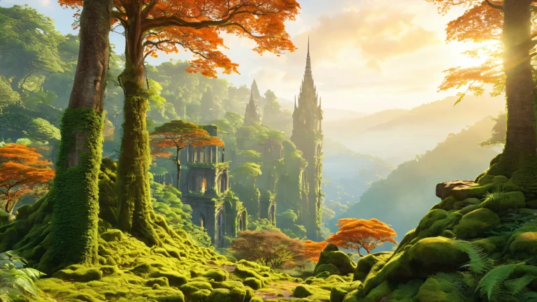 Young adventurer standing at forest edge, gazing out at sprawling metropolis built on ancient civilization ruins. Desktop/PC background.