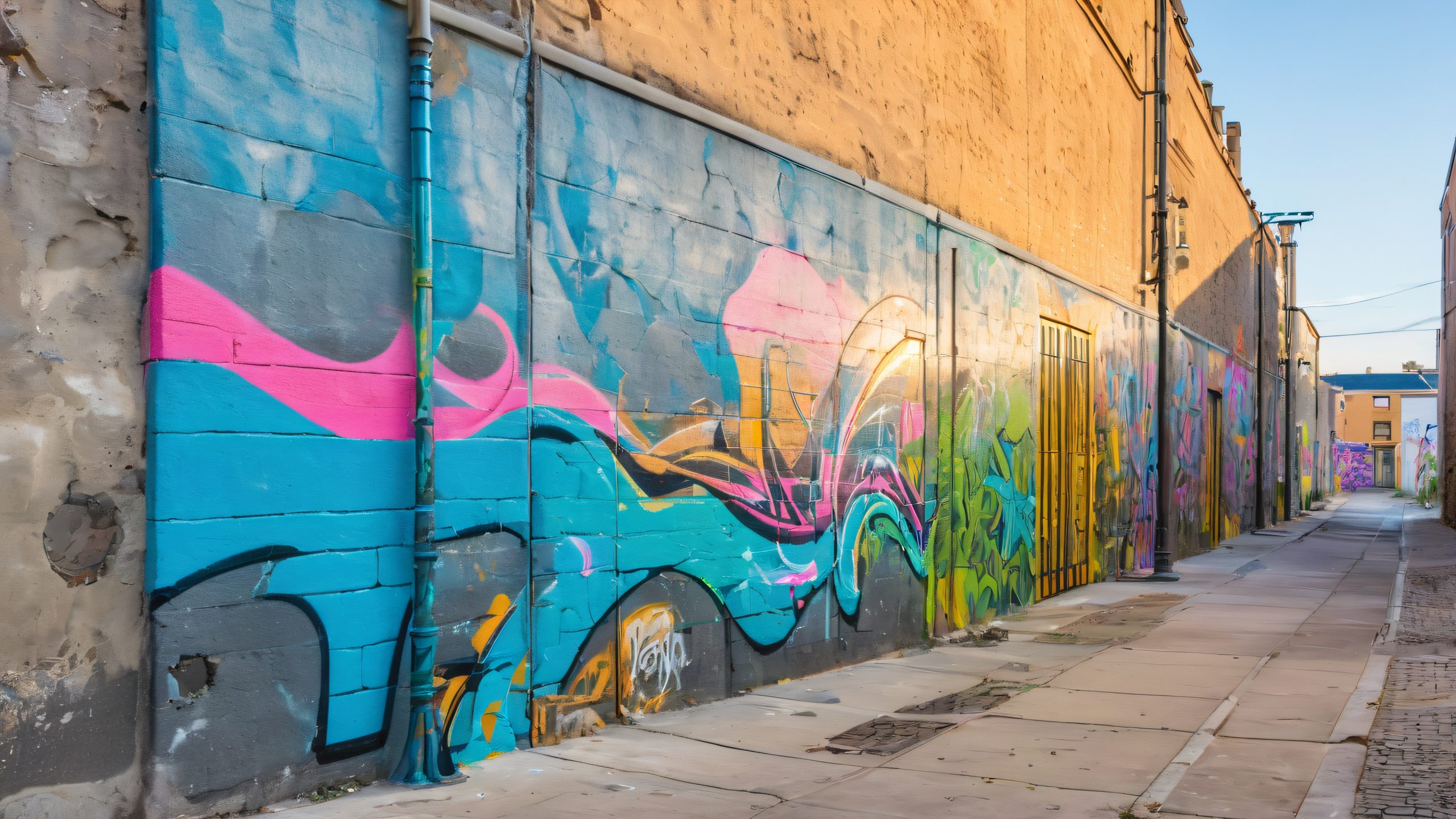 A vibrant graffiti artwork on a worn concrete wall, with intricate patterns and symbolic shapes, for use as a desktop background on a PC or laptop.