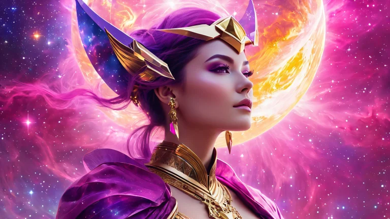 A sorceress amidst a vibrant nebula, blended with soft, mystical hues and golden accents.