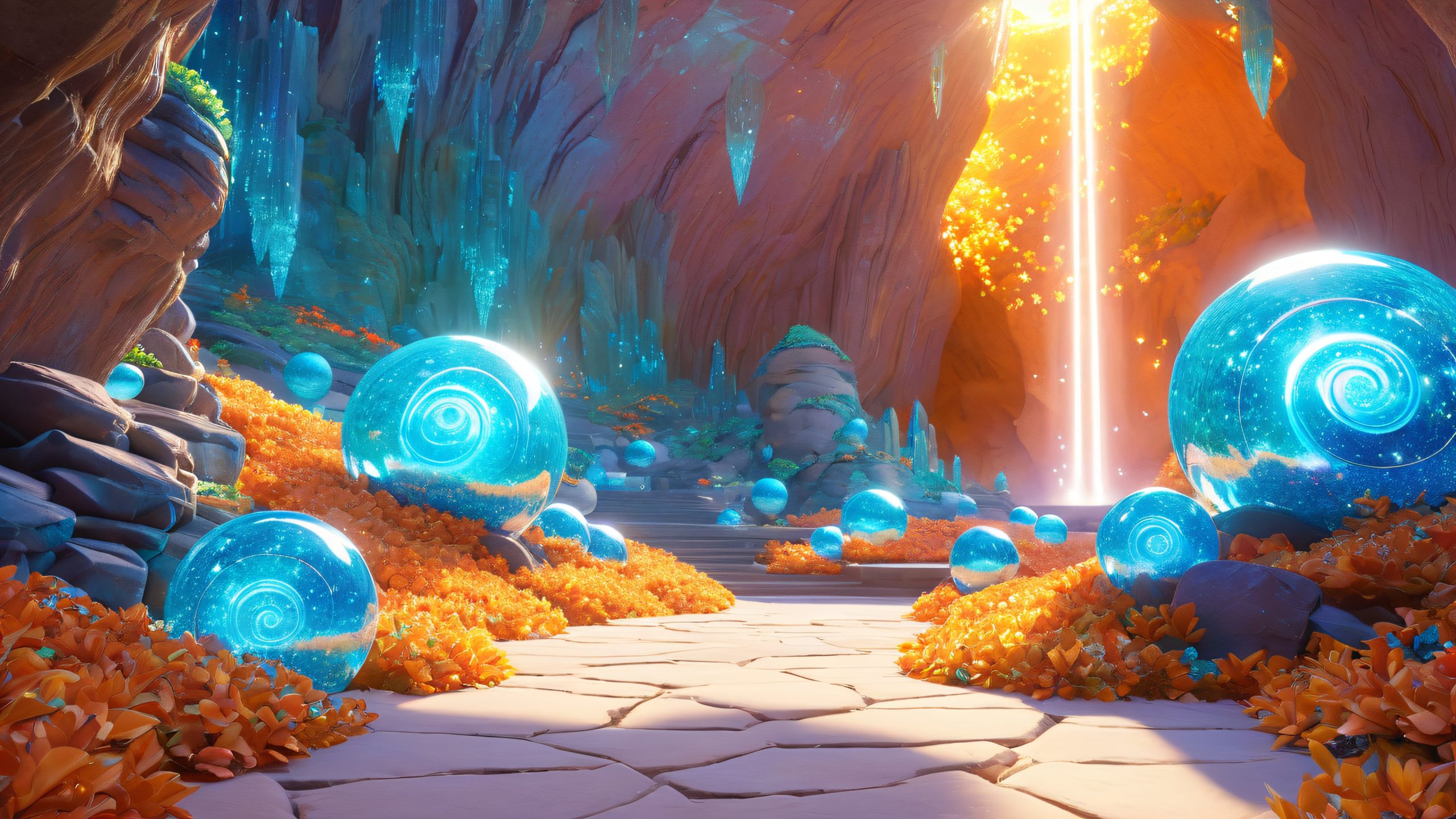 Epic Mystic Crystal Caverns 4K Desktop Wallpaper Ancient glowing Poké Balls and crystalline cave entrance for Desktop/PC