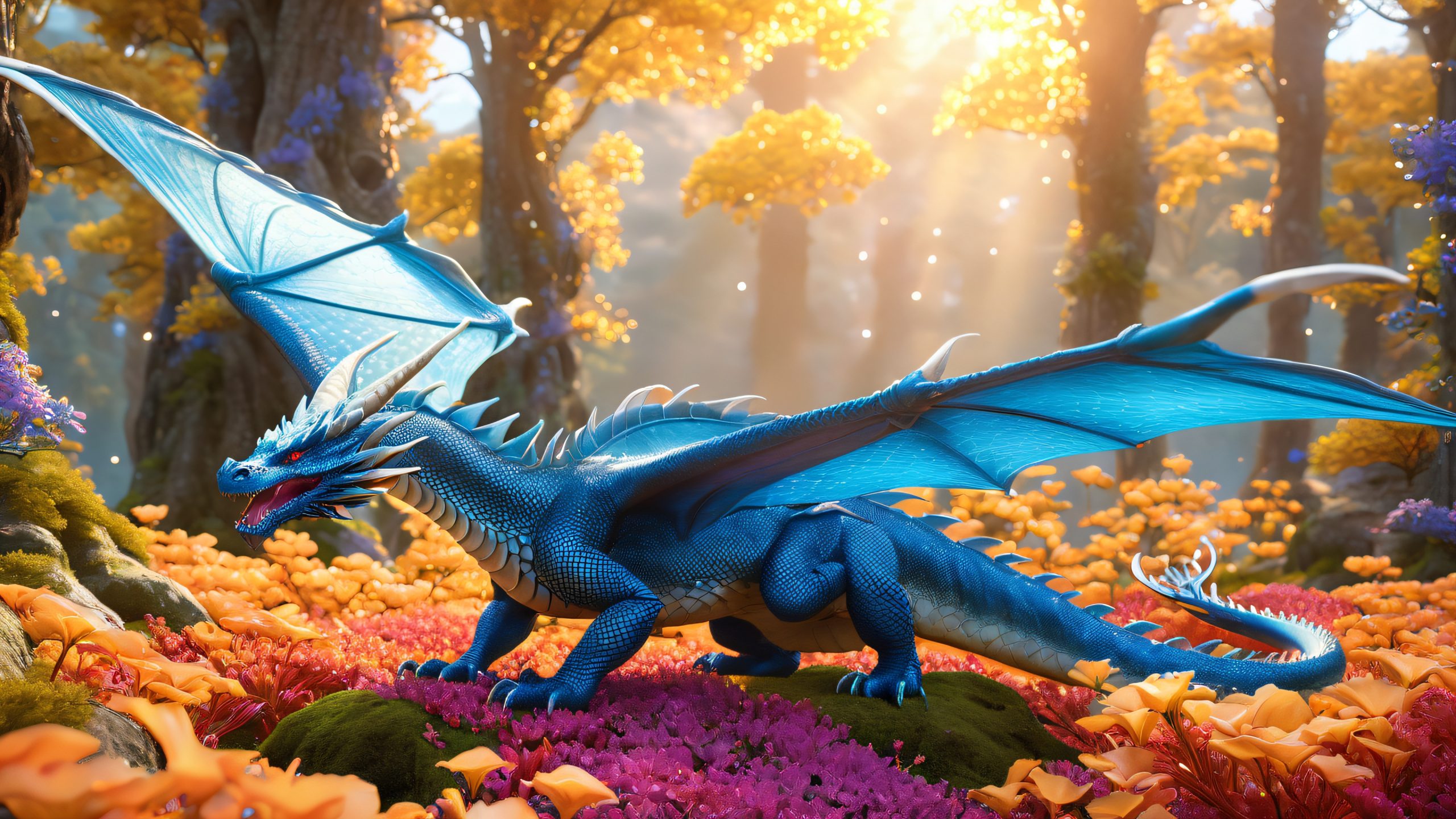 Aesthetic Mystic Dragon's Aetherial Realm Background A majestic blue dragon spreads its wings on a mystical forest glade with glowing mushrooms and luminescent vines, perfect for desktop/PC backgrounds.