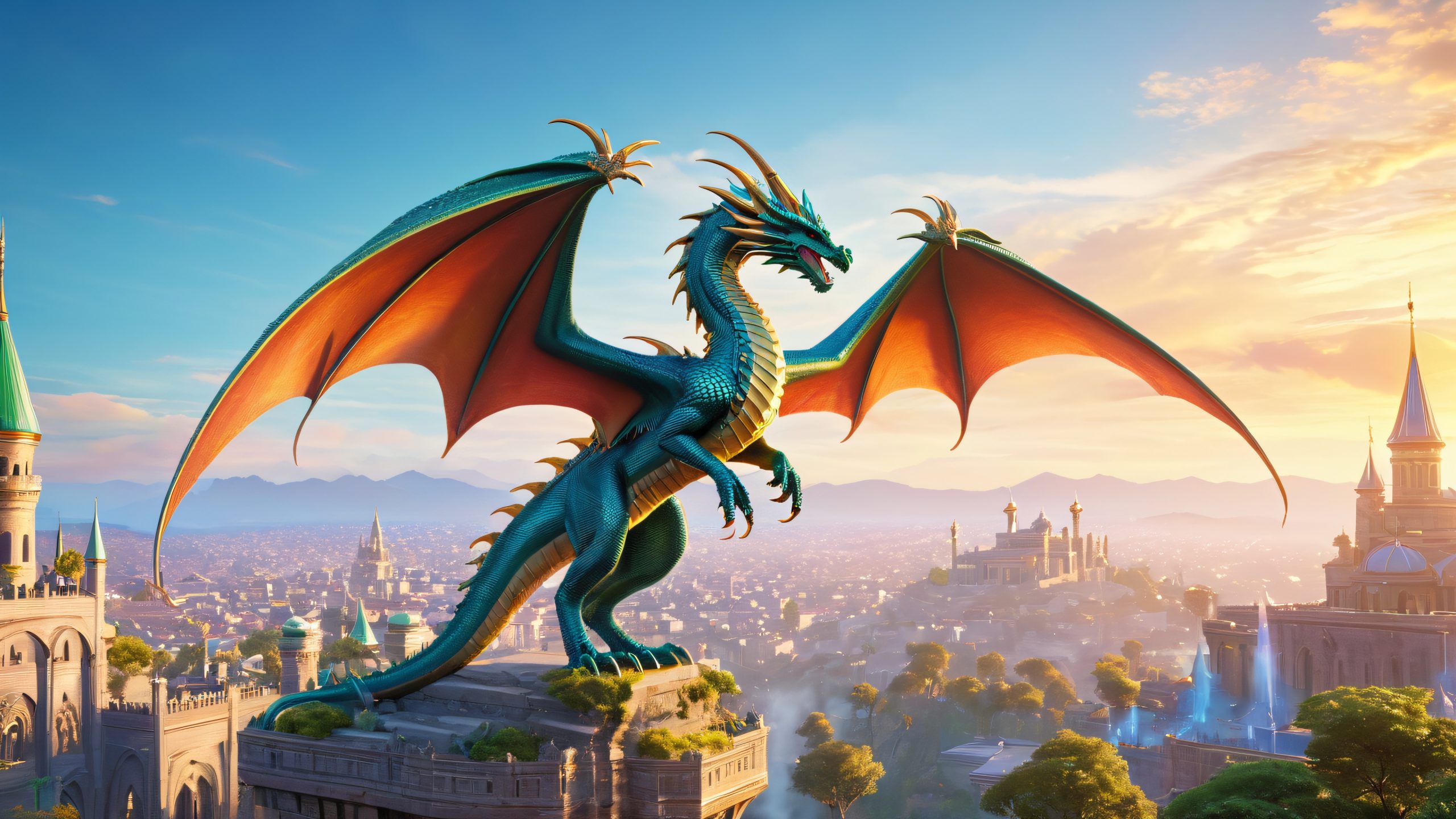 A majestic dragon standing proudly amidst a mystical cityscape, perfect for desktop/pc