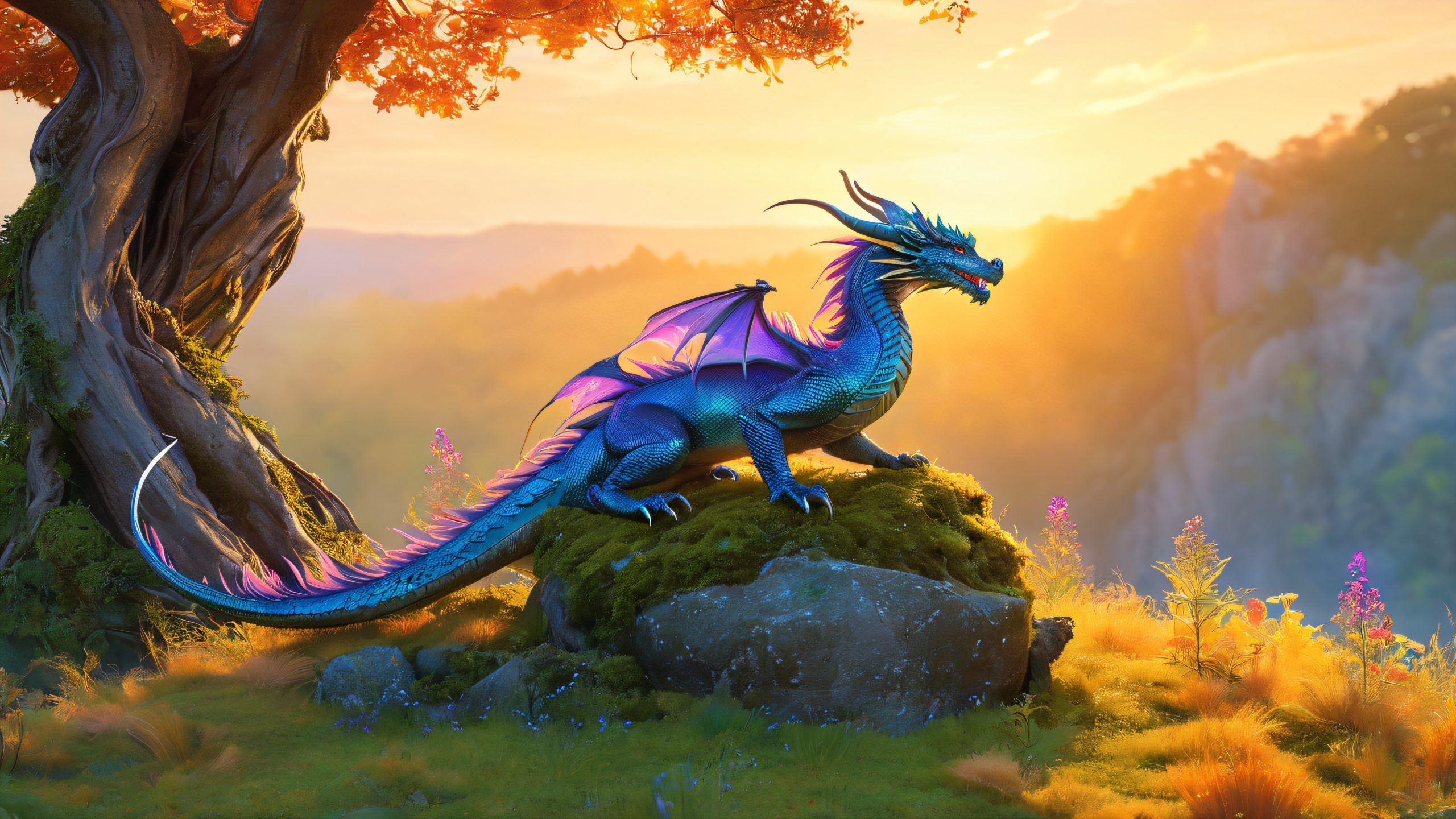A majestic dragon perched on a stone pedestal in a mystical glade, surrounded by ancient trees and vines, for Desktop/PC