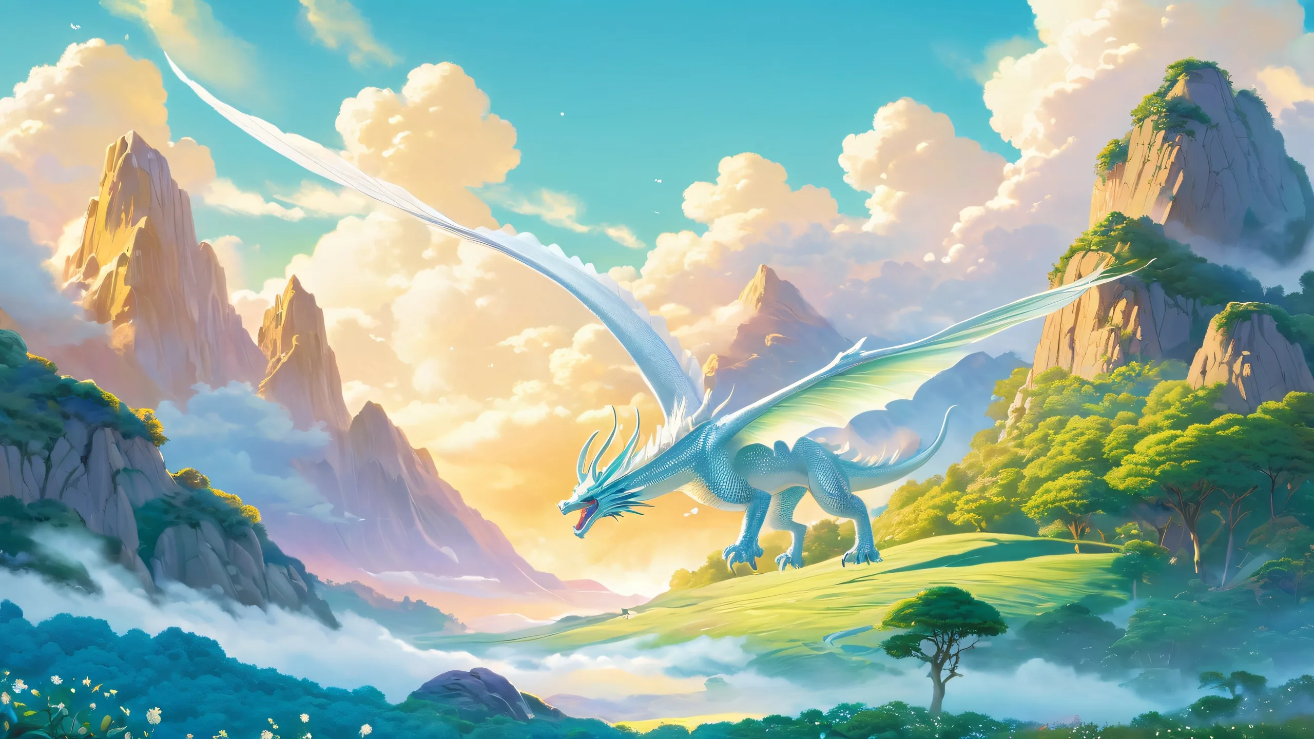 Mystic Dragon's Whisper 4K Desktop Wallpaper A majestic dragon embracing the sky on a mystical desktop/pc background.