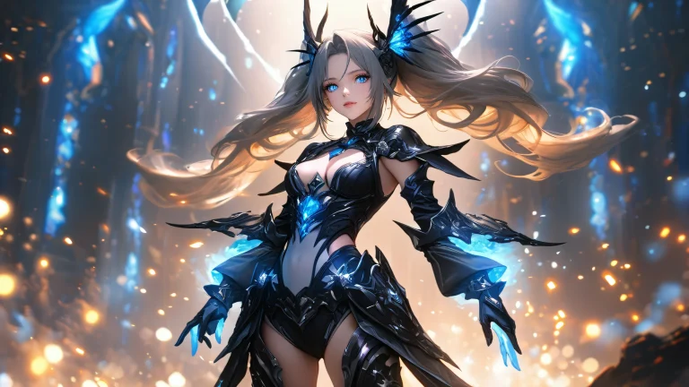 A mystical fantasy world with a female character, aged texture and volumetric lighting effects.