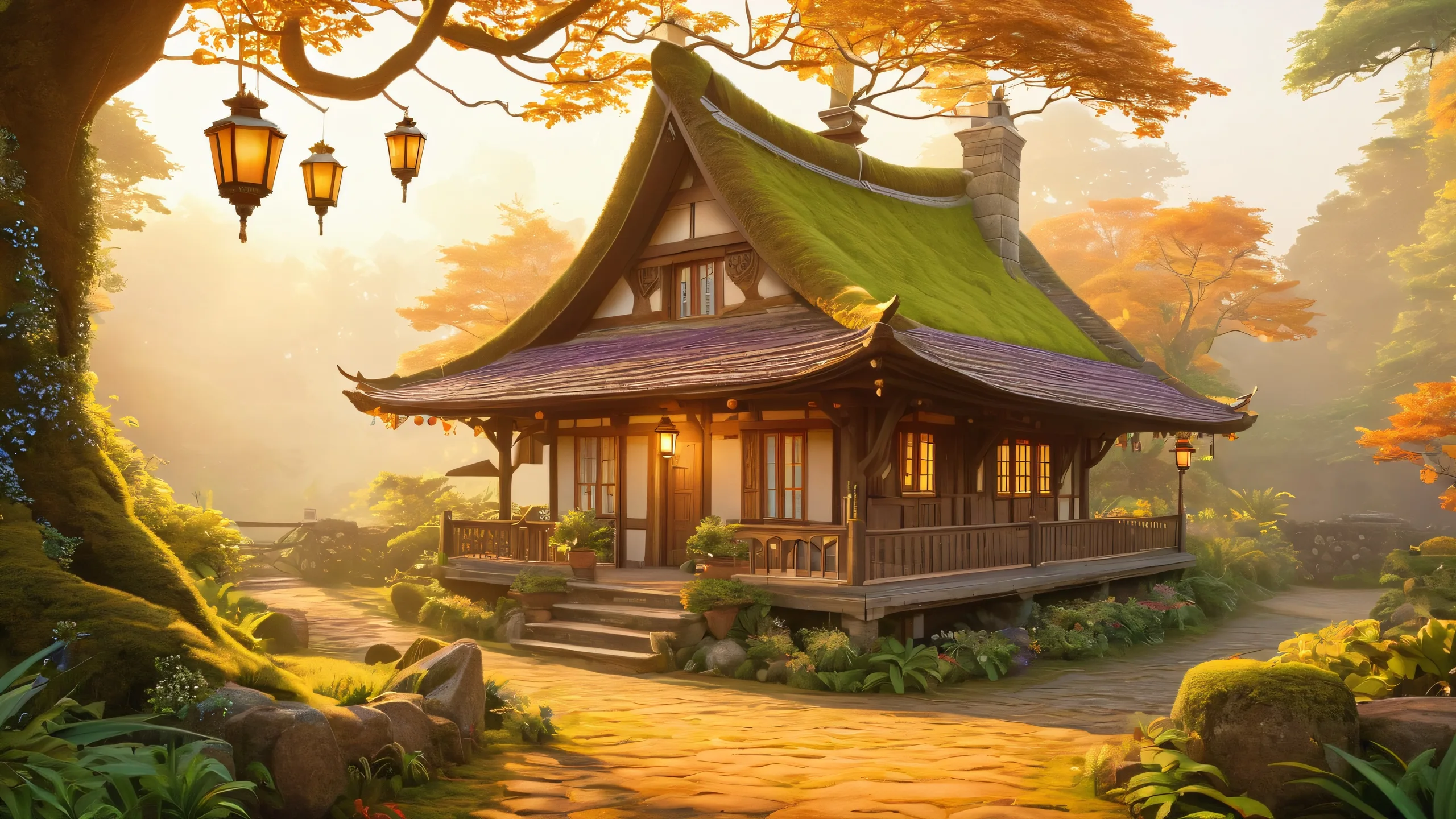 Mystic Forest Inn 4K UHD Widescreen A quaint century-old inn stands amidst a mystical forest with twinkling lanterns and carvings on wooden walls. Perfect for Desktop/PC background.