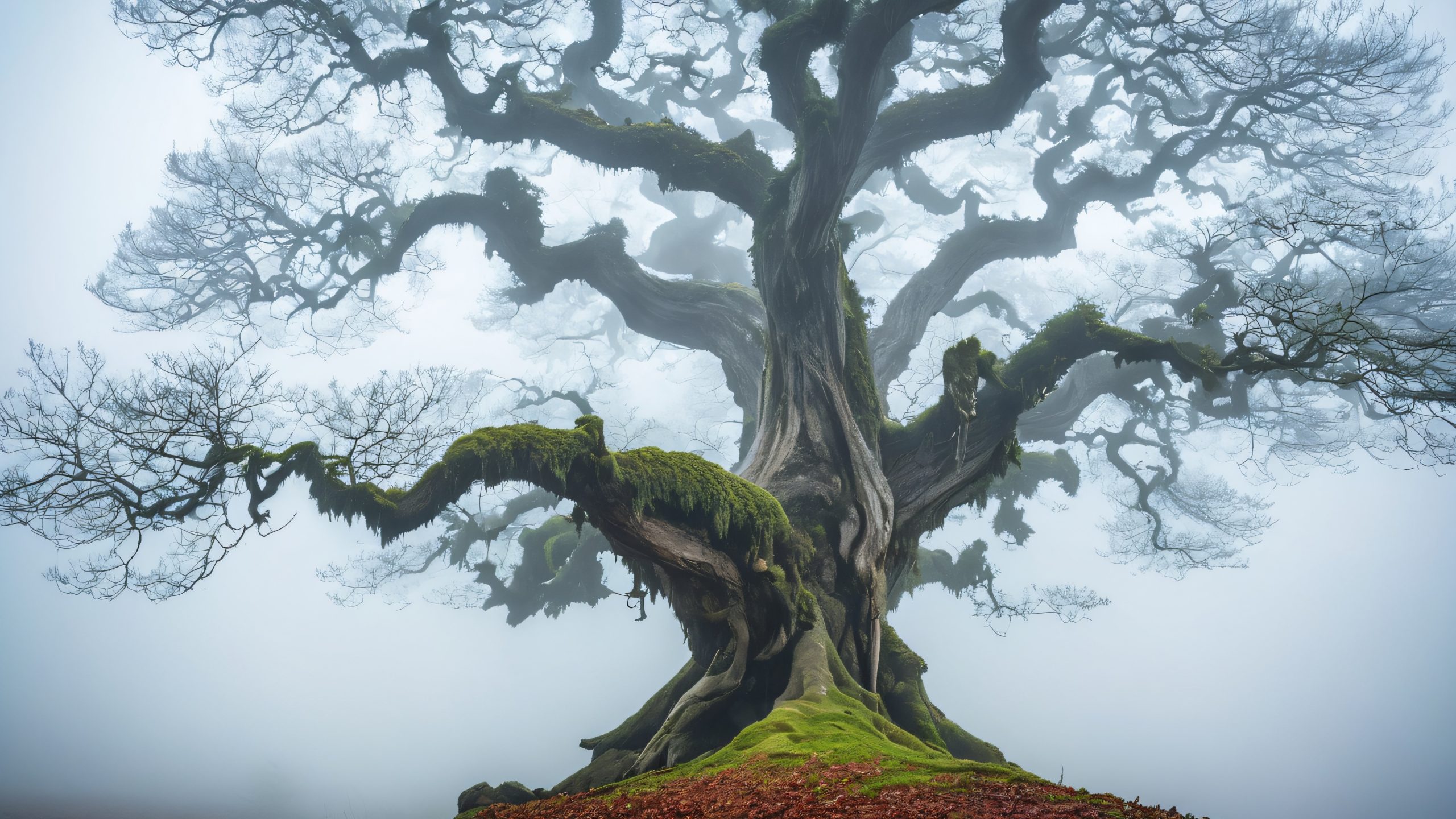 Mystic Forest Shadows 4K UHD Wallpaper A lone figure sits atop an ancient tree trunk in a misty, dark forest.
