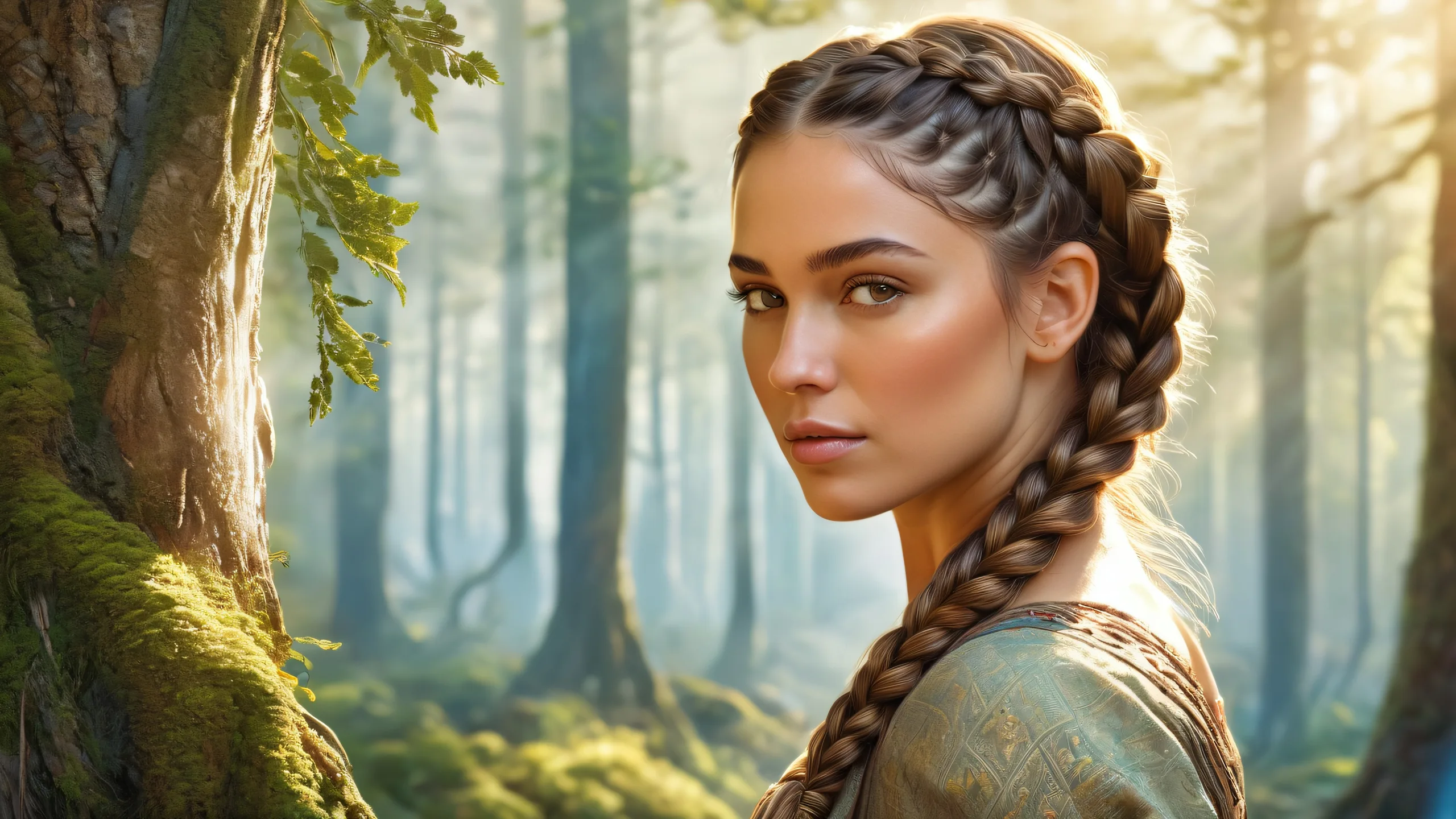Portrait of a brunette woman with braids in a serene mystical forest on Desktop/PC