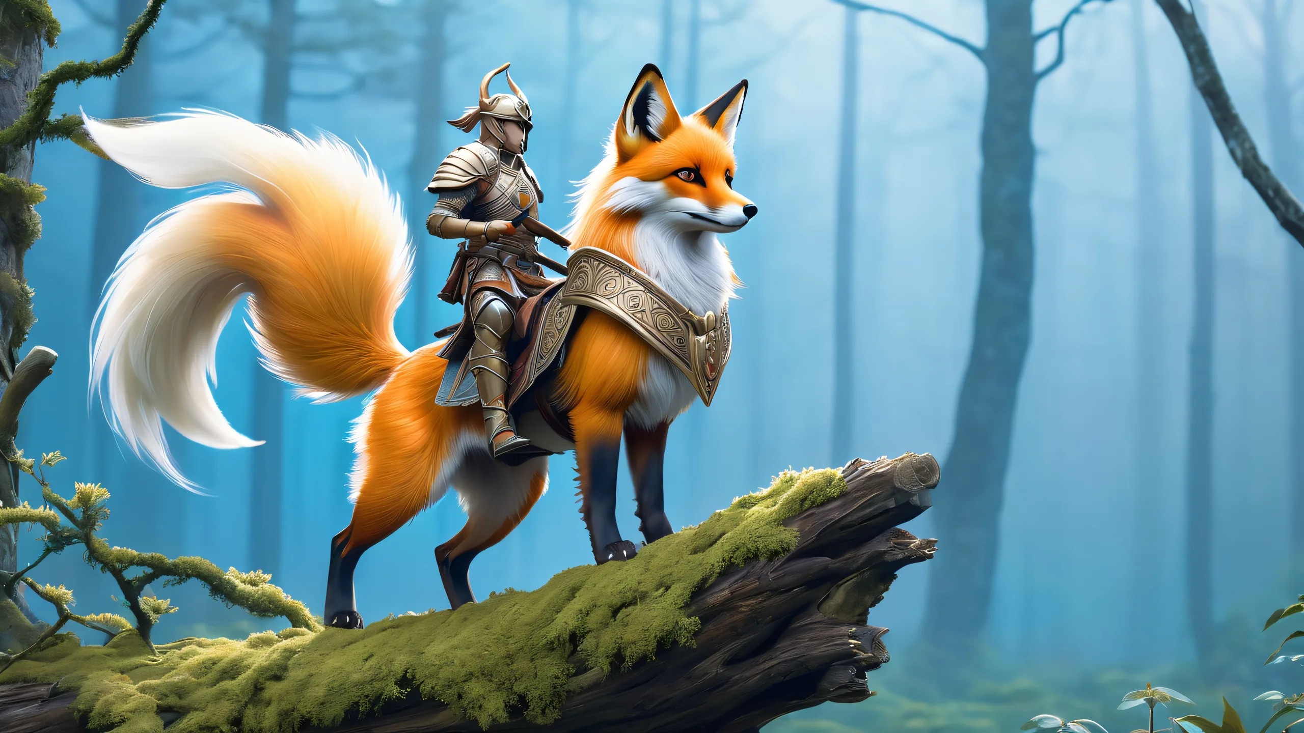Mystic Foxwatch on Moonlit Glade 4K Desktop Wallpaper A majestic vulpine hunter perched atop a wooden beam, gazing out upon a misty forest glade, suitable for desktop/pc use.