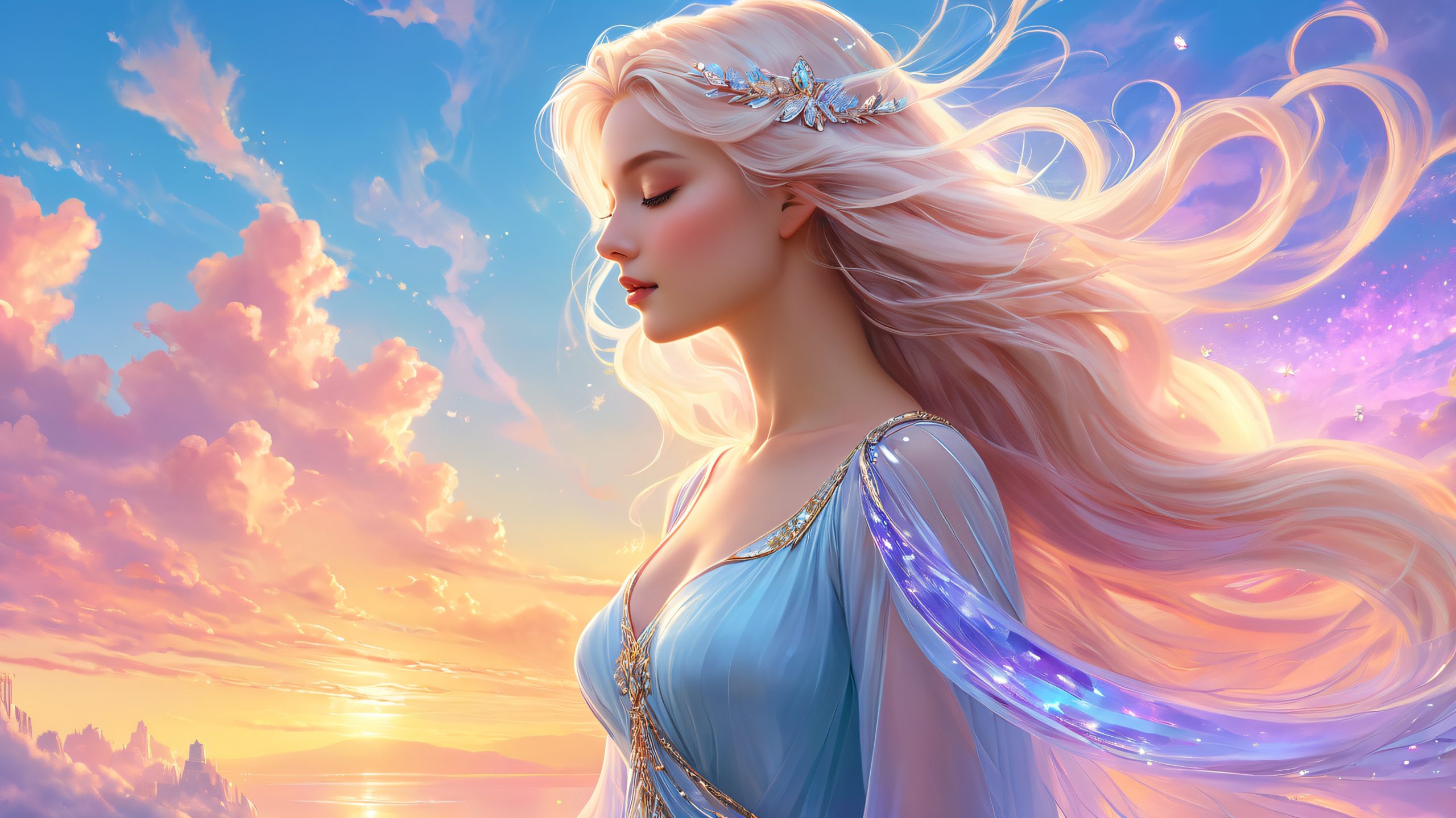 A serene goddess gazes out upon a fantastical landscape of cityscapes, waterfalls, and crystal spires