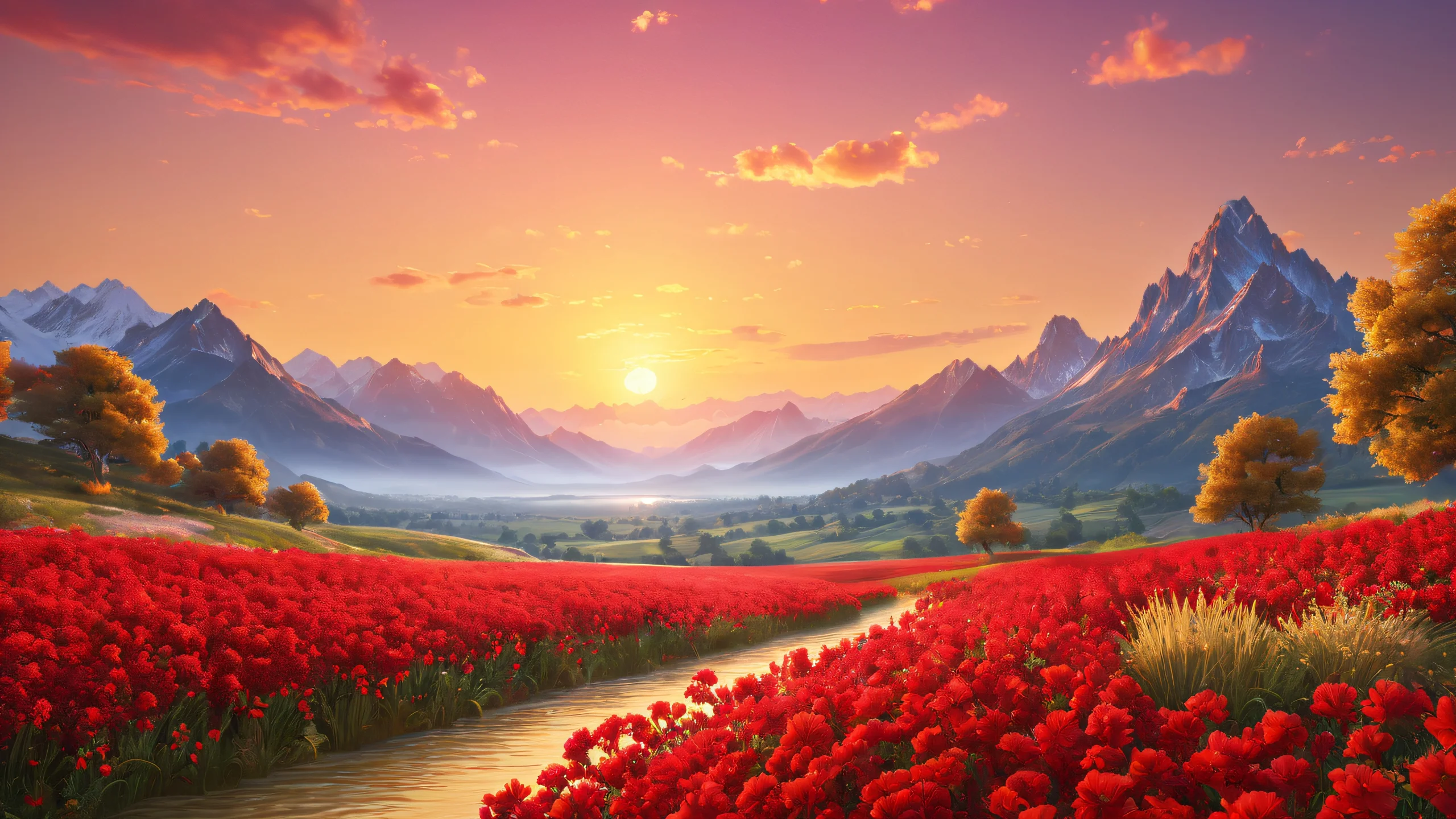 4K Mystic Golden Dawn Desktop Background A serene fantasy landscape with golden hues and crimson accents, featuring mystical elements and realistic details.