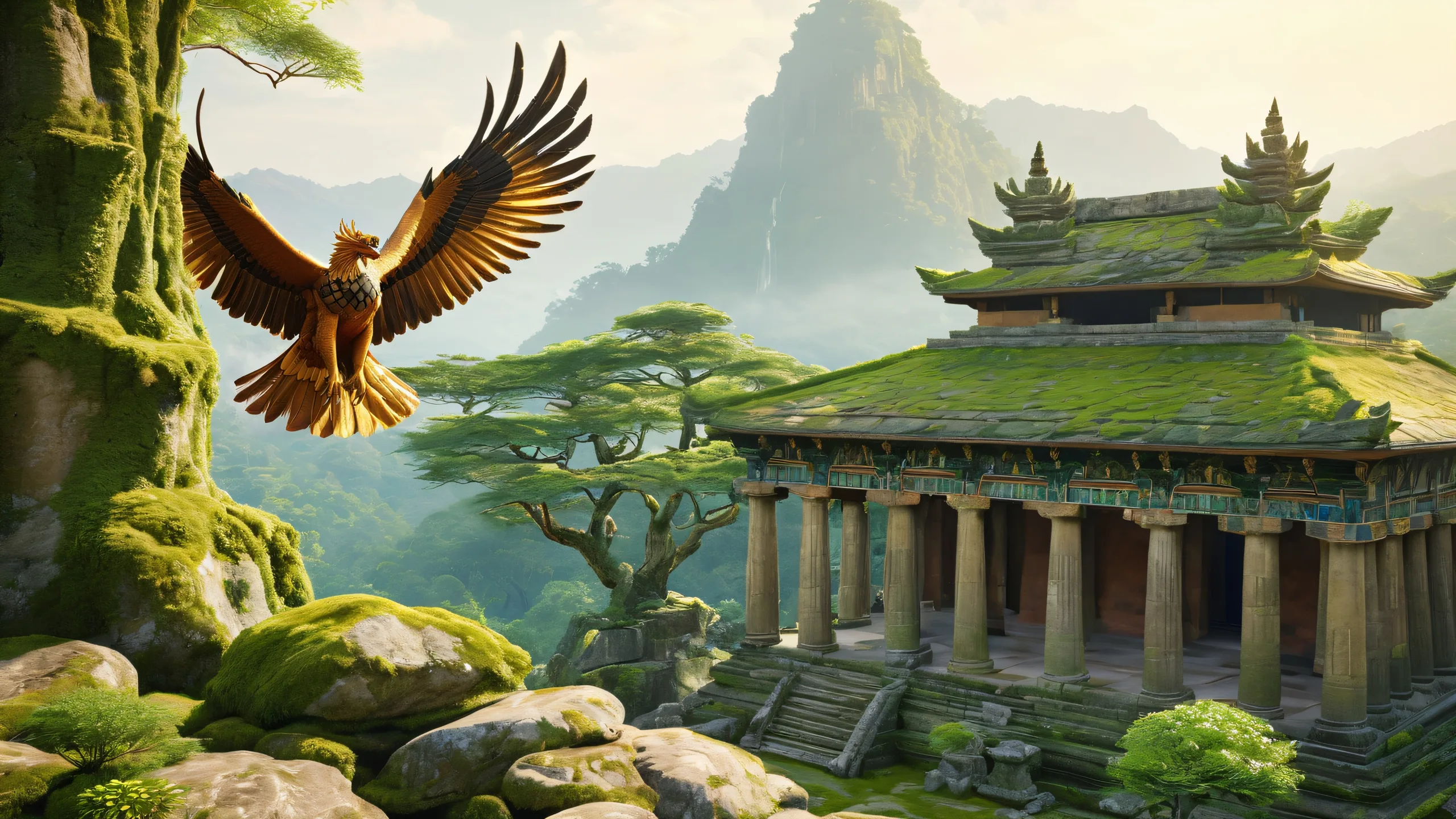 Mystic Griffin Temple 4K Desktop Wallpaper A majestic griffin perched atop ancient temple ruins with a distant mountain range in the misty background for desktop PC use.