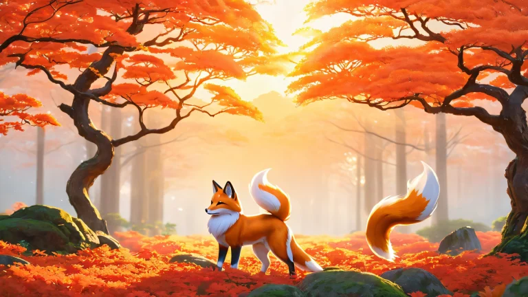 A majestic kitsune stands defiantly in a fiery clearing surrounded by ancient trees on desktop or PC.