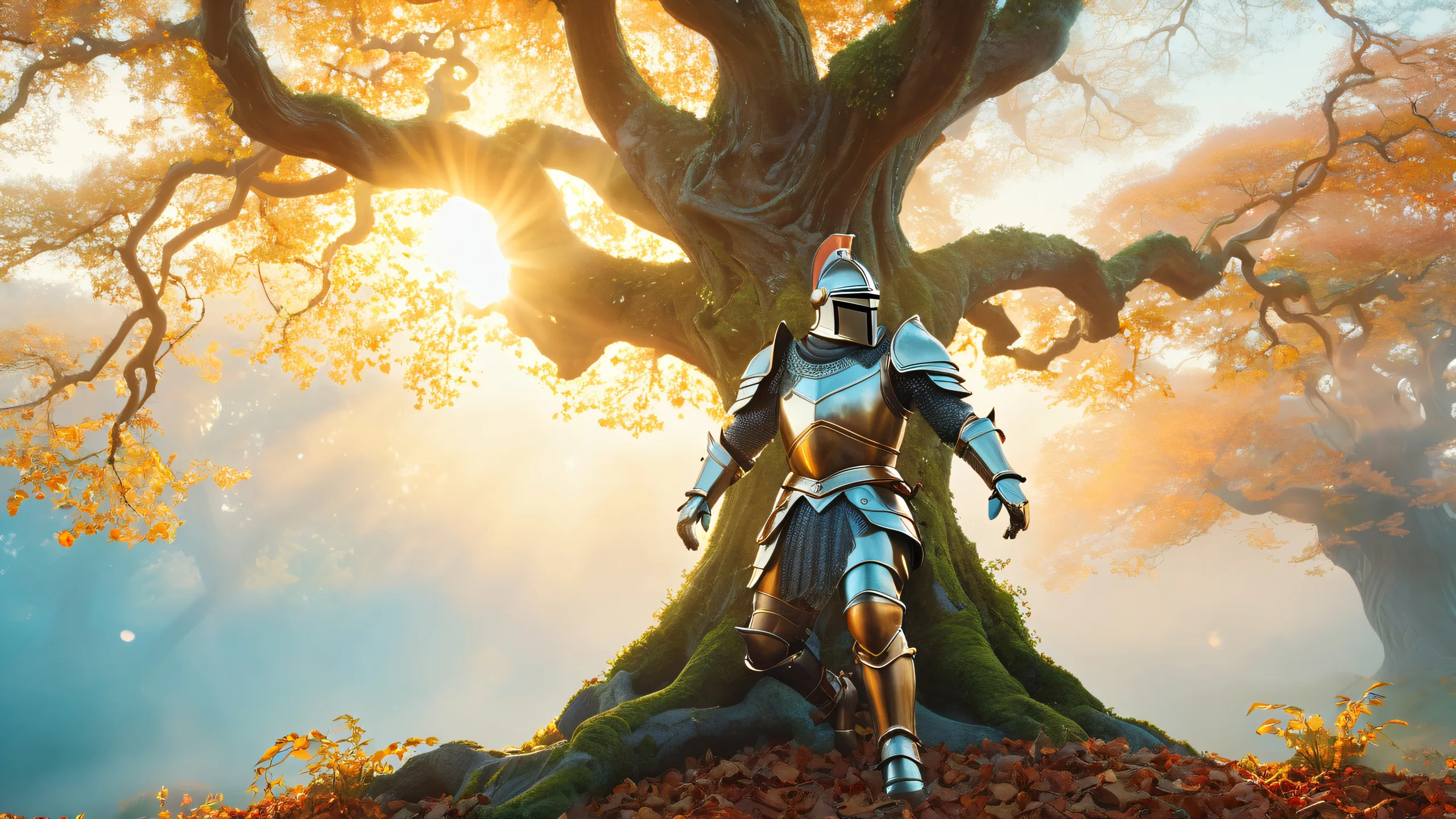 Mystic Knight's Ethereal Realm 4K UHD Widescreen A knight in shining armor on a mystical forest clearing with ancient tree roots and swirling misty clouds, suitable for desktop/pc use.