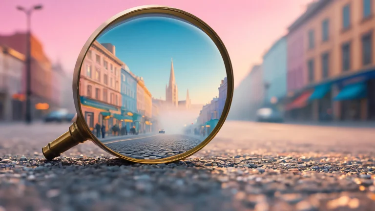 A mystical magnifying glass hovering above a miniature city street on a foggy dawn or dusk desktop/pc