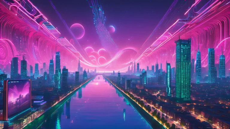 Desktop/PC wallpaper featuring vibrant 3D-rendered urban murals and cityscape with binary code, ancient symbols, and neon lights.