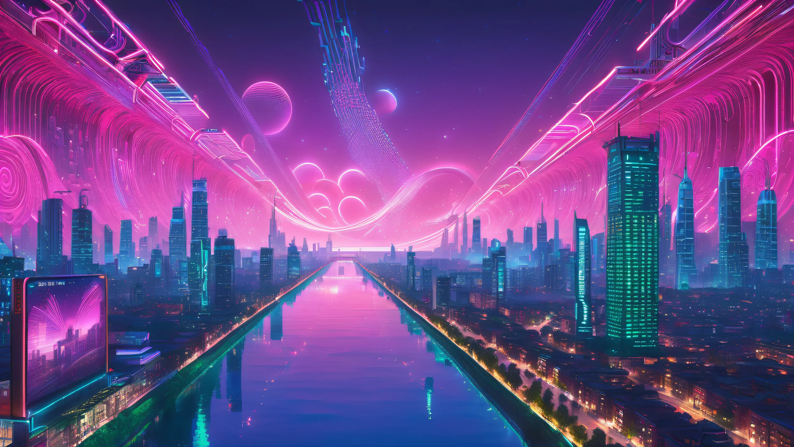 Desktop/PC wallpaper featuring vibrant 3D-rendered urban murals and cityscape with binary code, ancient symbols, and neon lights.