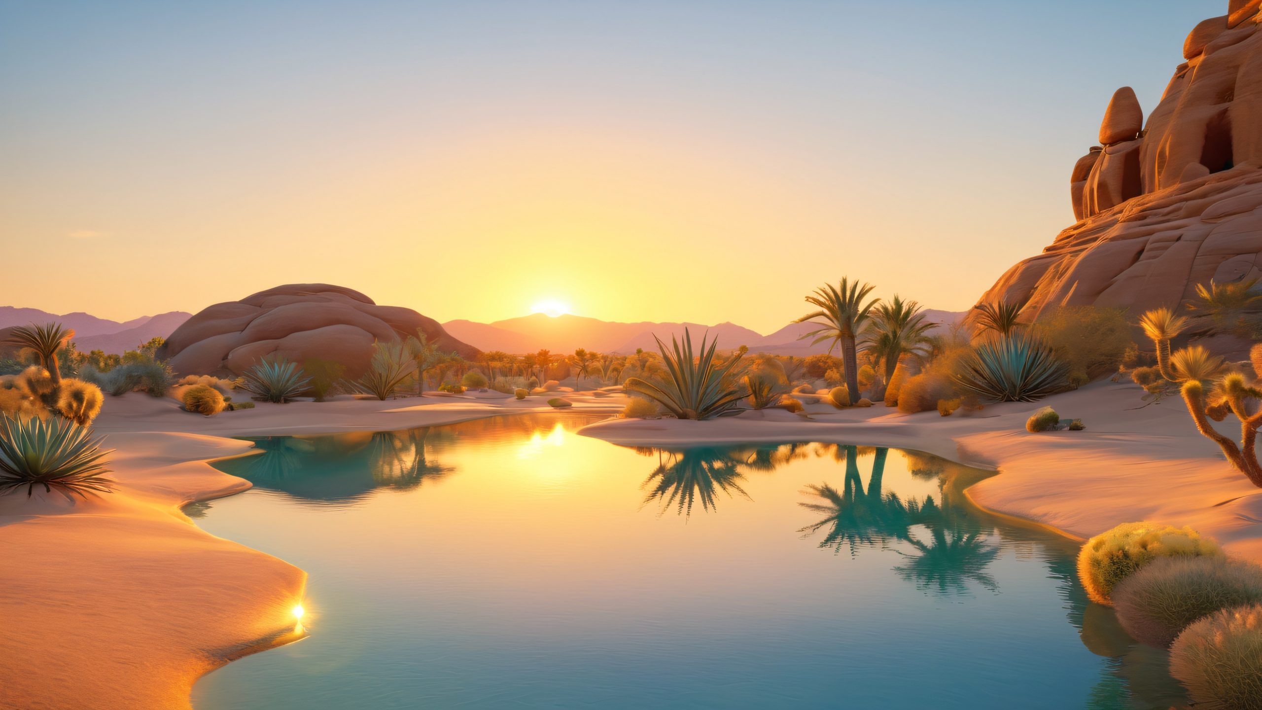 Ultra HD Mystic Oasis Sunset Wallpaper A serene magical oasis at sunset in a golden desert landscape with a lone figure amidst lush greenery and ancient architecture.