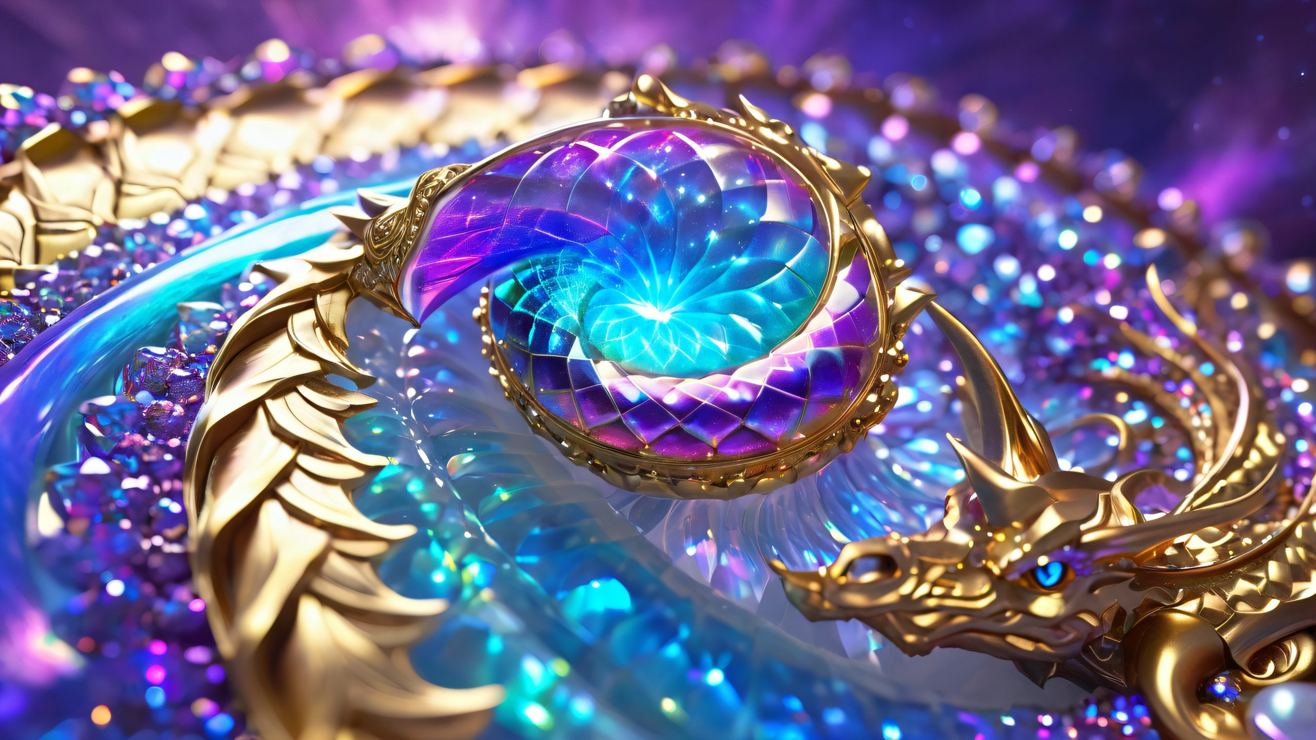 A majestic dragon-like creature with scales that shimmer and glow like iridescent opals, curled around a glowing artifact, amidst a swirling vortex of cosmic energy on a desktop/pc.