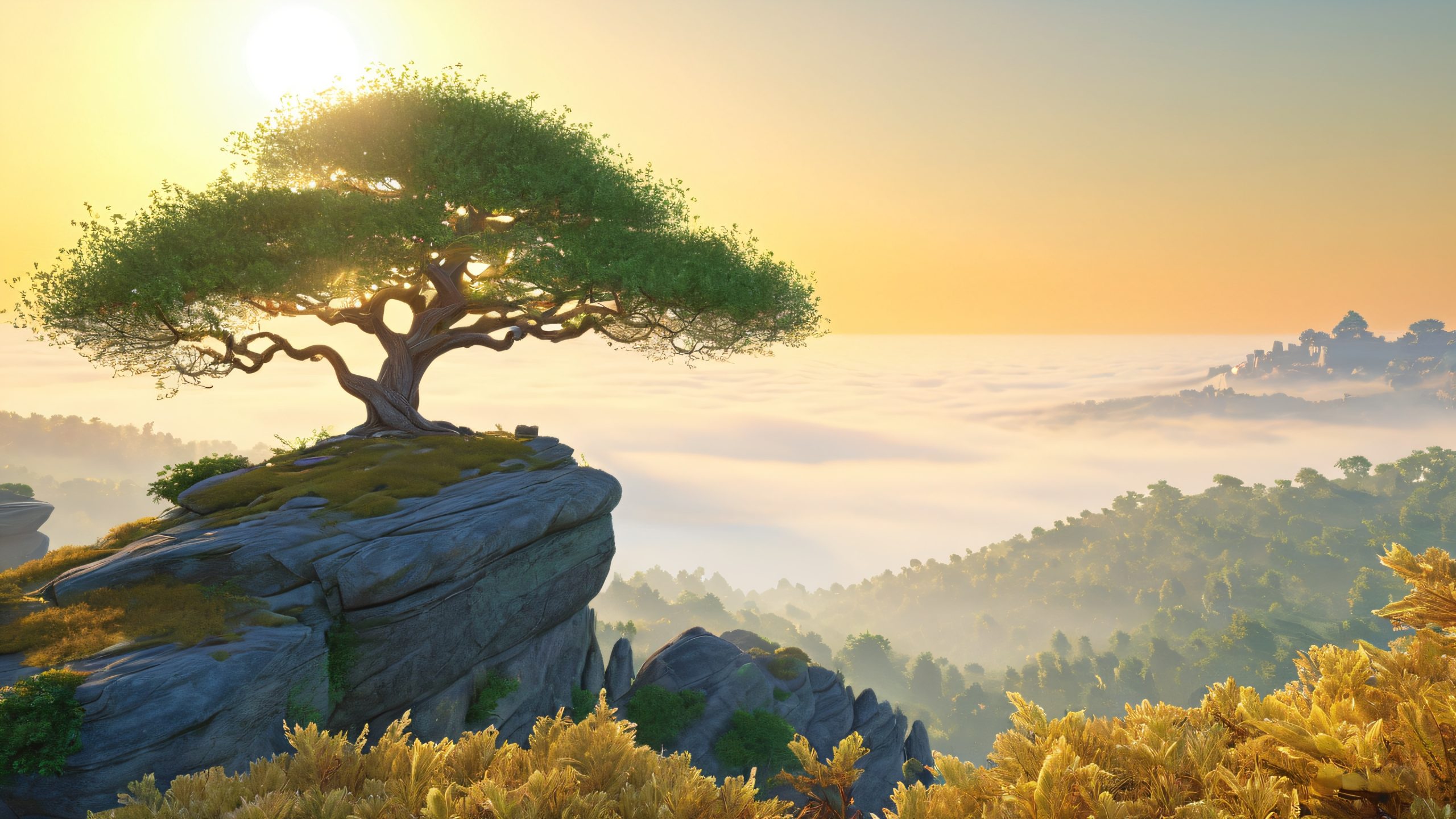 A breathtaking 4K desktop wallpaper featuring a majestic plateau with an ancient forest in the distance and a lone Guardian perched atop a rocky outcropping, perfect for Desktop/PC