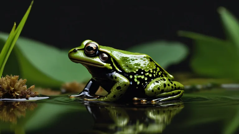 A serene desktop image featuring a frog sitting on the edge of a calm pond with subtle reflections and a dark mode aesthetic, adapté pour ordinateur de bureau/PC.