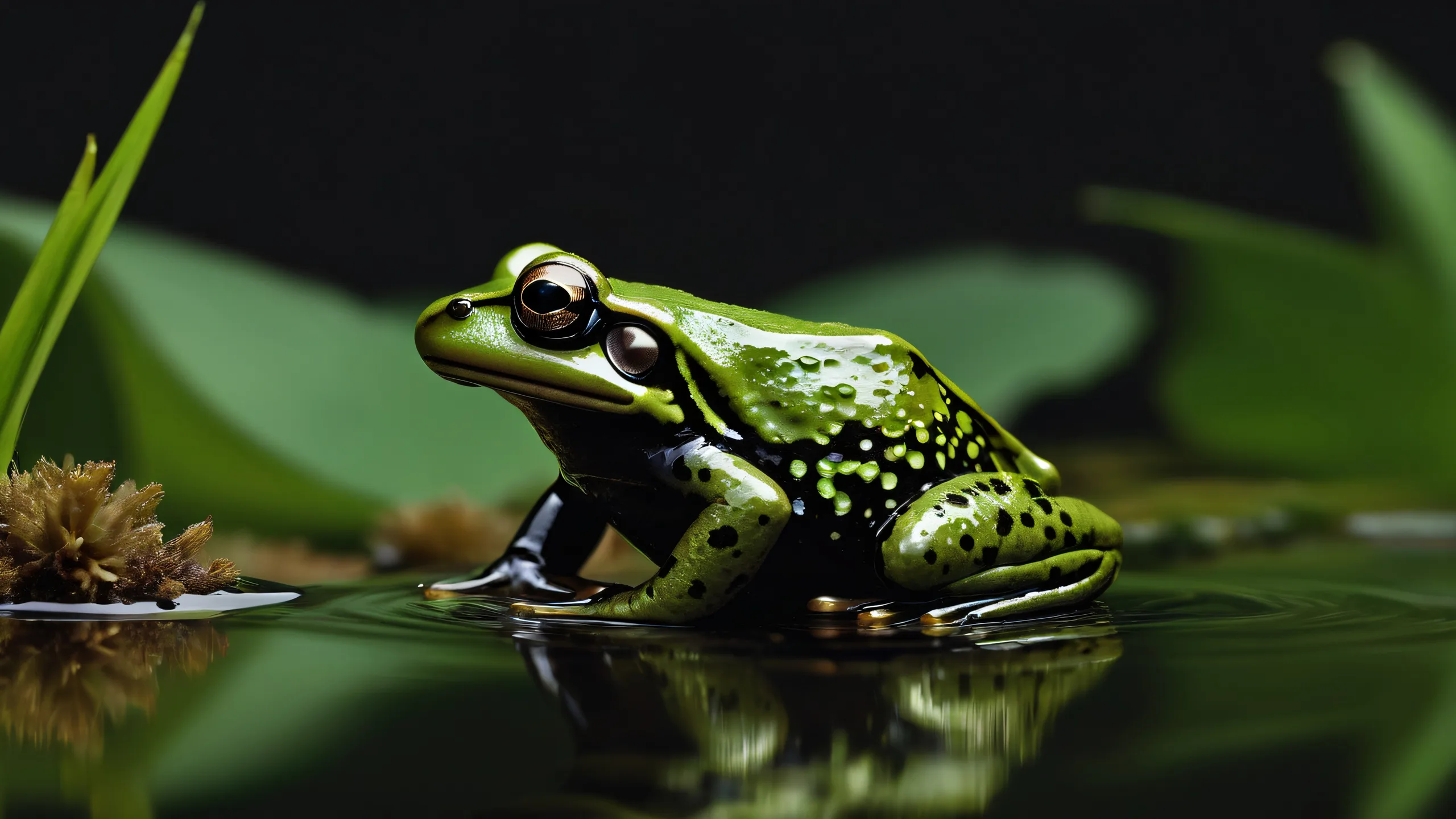 A serene desktop image featuring a frog sitting on the edge of a calm pond with subtle reflections and a dark mode aesthetic, suitable for Desktop/PC.