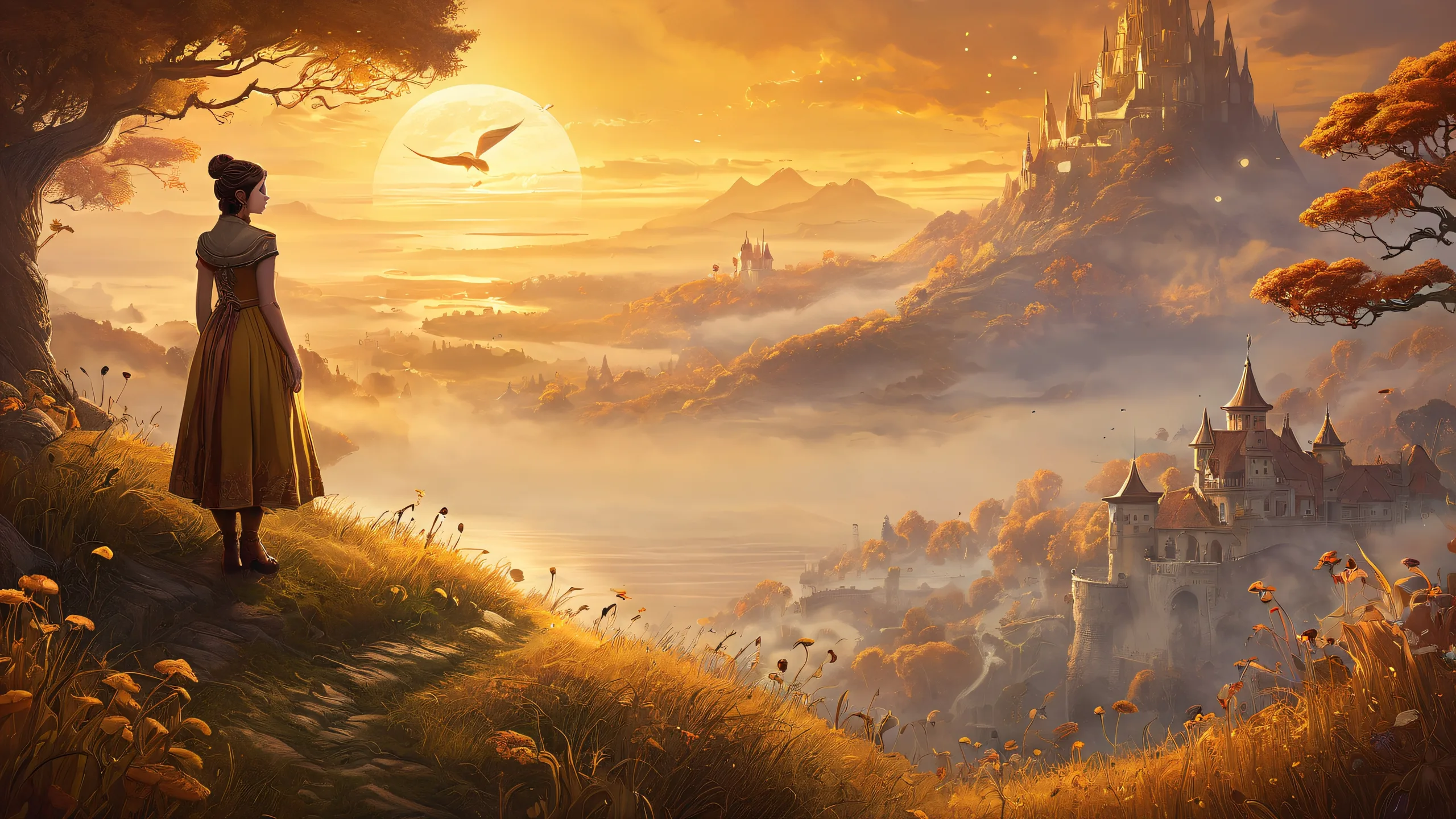 Epic Mystic Realms of Wonder Desktop Wallpaperparfait pour votre PC ou ordinateur de bureau A mystical and whimsical desktop wallpaper featuring a female character amidst breathtaking landscapes with mythical creatures, perfect for your PC or Desktop.
