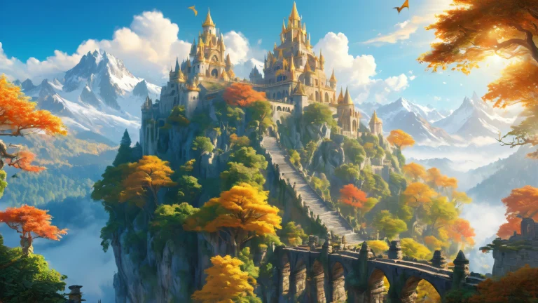 Ancient ruins and misty mountains on a medieval forest desktop background with magical energy and warm sunlight filtering through the treetops, adapté pour PC ou ordinateur de bureau