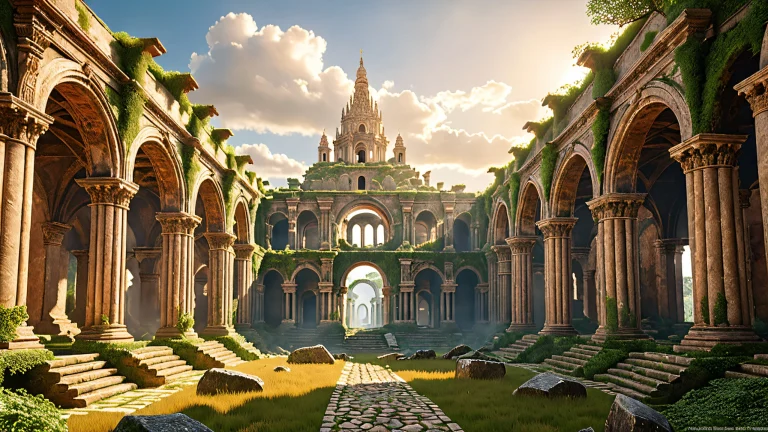 Ancient city in ruin with vines and energy vortex on desktop/PC