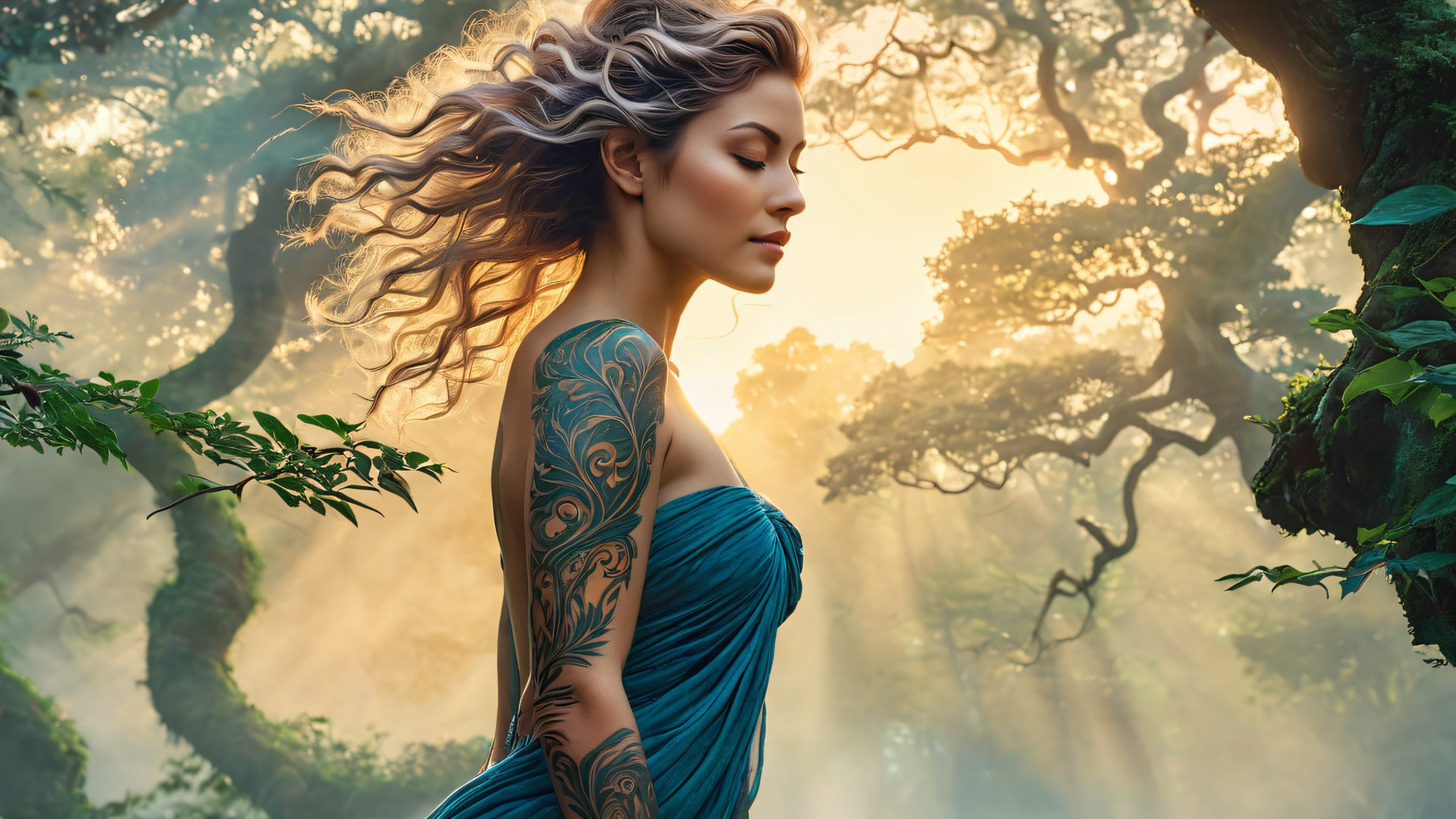 Mystic Shadow Weaver 4K Desktop Wallpaper A mystical woman with ancient tattoos stands in a forest surrounded by shadow magic and moonlit trees.