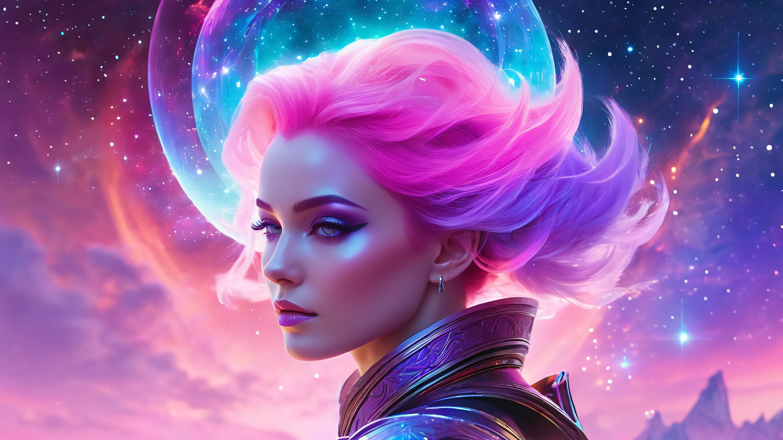 Mystic Sorceress Dreamscapes 4K UHD Wallpaper A mystical sorceress amidst a swirling nebula, double-exposed with soft, reflective pastel hues and neon accents.